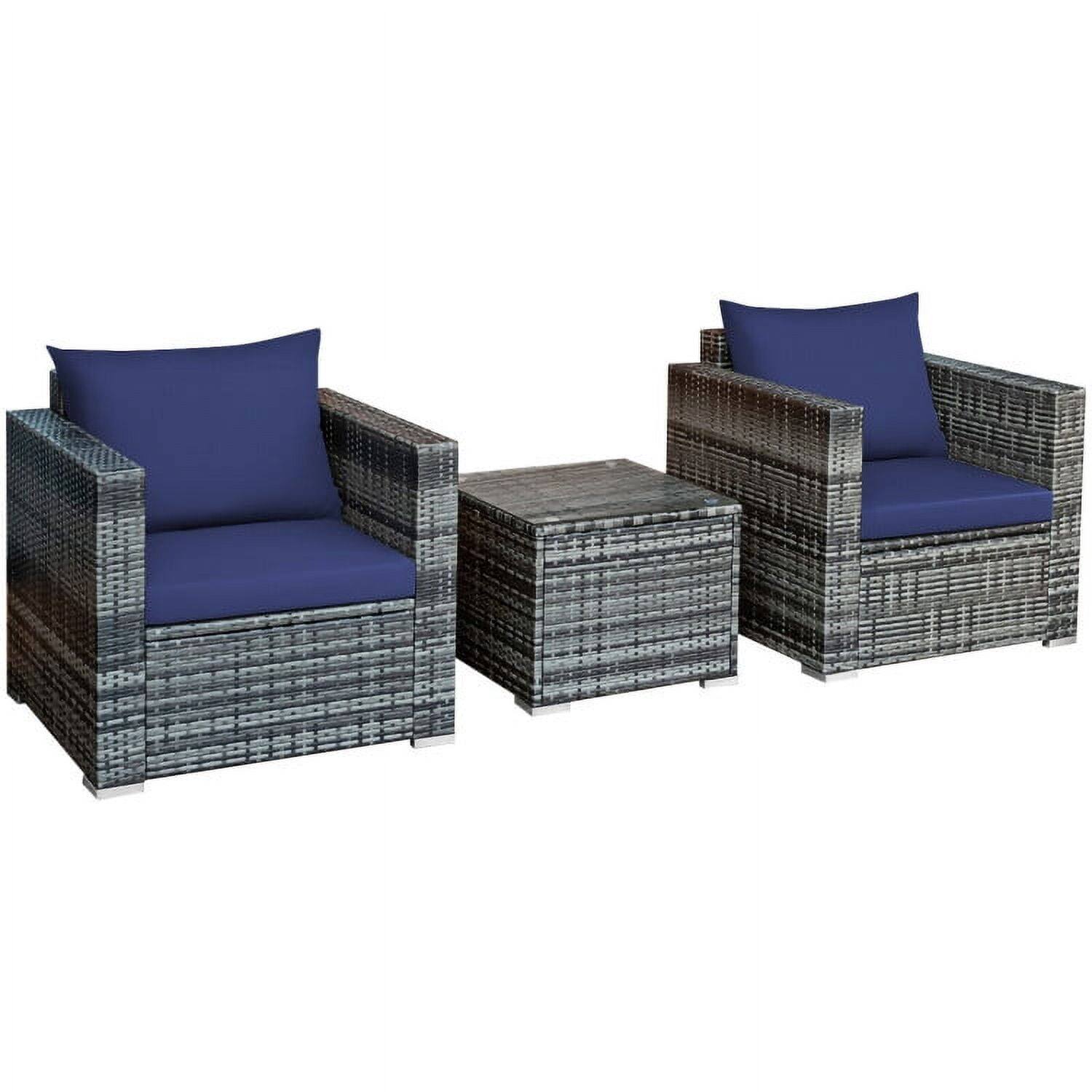 Back. Pefilos - 3 Pcs Patio PE Rattan Furniture Bistro Sofa Set, Patio Outdoor Furniture Conversation Sets with Coffee Table - Blue.