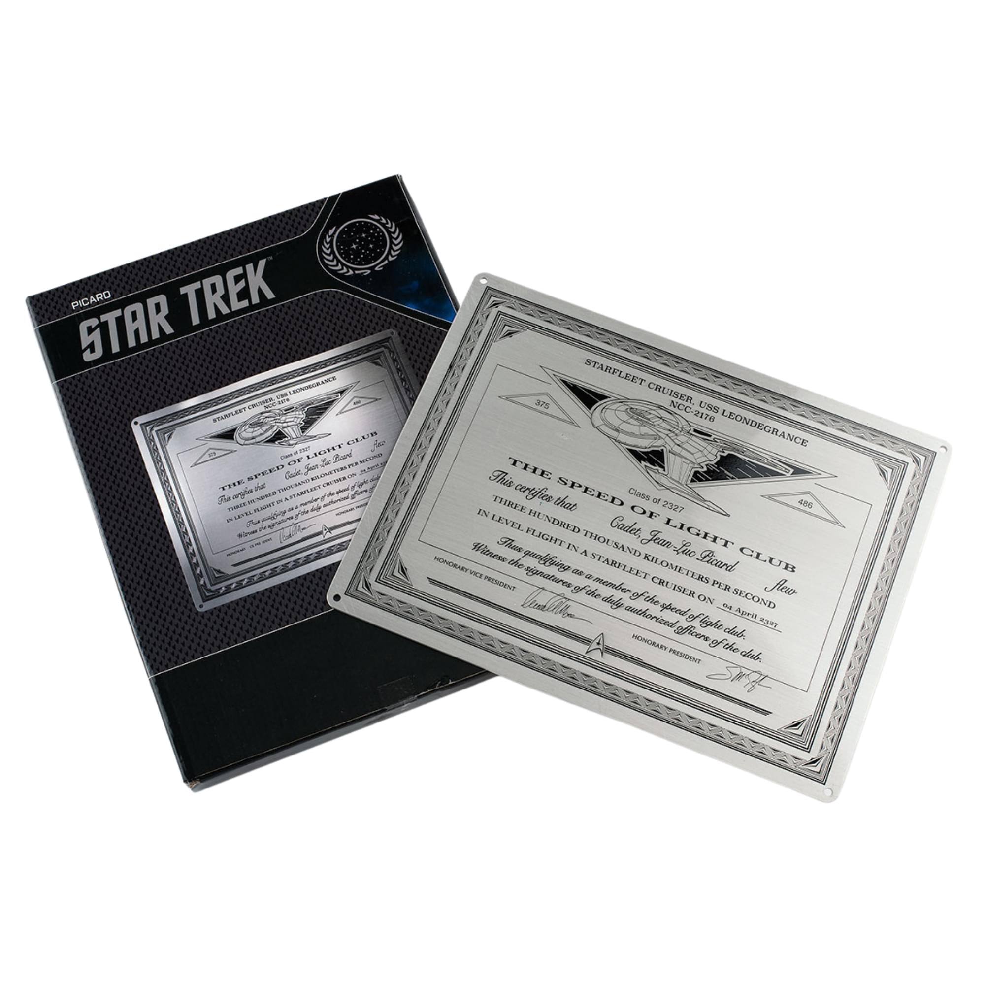 STAR TREK  
PICARD  
STARFLEET CRUISER USS LEONDEGRANCE  
NCC-2176  

THE SPEED OF LIGHT CLUB  
This card is a certificate of membership in the Starfleet Light Club.  
Cadet, Jean-Luc Picard, has qualified as a member of the club by achieving a speed of 2327 kilometers per second.  
This qualifies him as a member of the Starfleet Light Club.  

HONORARY VICE PRESIDENT  
STARFLEET PRESIDENT  
STARFLEET CRUISER USS LEONDEGRANCE  
NCC-2176  

THE SPEED OF LIGHT CLUB  
This card is a certificate of membership in the Starfleet Light Club.  
Cadet, Jean-Luc Picard, has qualified as a member of the club by achieving a speed of 2327 kilometers per second.  
This qualifies him as a member of the Starfleet Light Club.  

HONORARY VICE PRESIDENT  
STARFLEET PRESIDENT