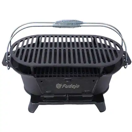 Front. HTUTWOO - Oval Cast Iron Grill Outdoor - Portable Charcoal Grill and Tabletop Skillet,100% Cast Iron,Small BBQ Grill,Camping Stove - Black.