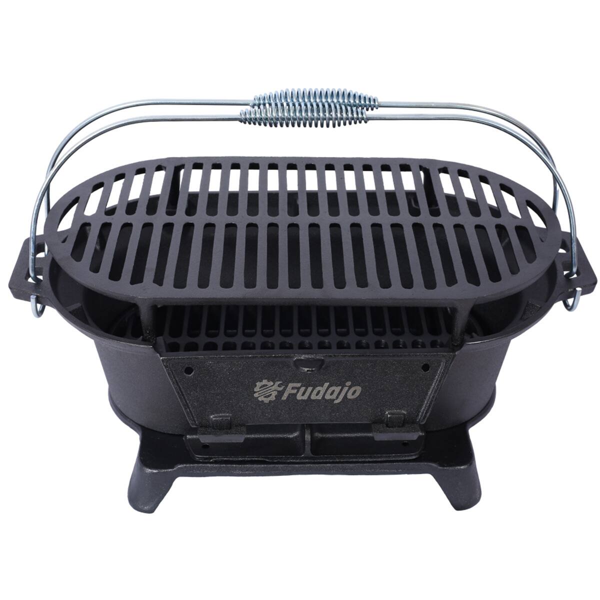Front. HTUTWOO - Oval Cast Iron Grill Outdoor - Portable Charcoal Grill and Tabletop Skillet,100% Cast Iron,Small BBQ Grill,Camping Stove - Black.