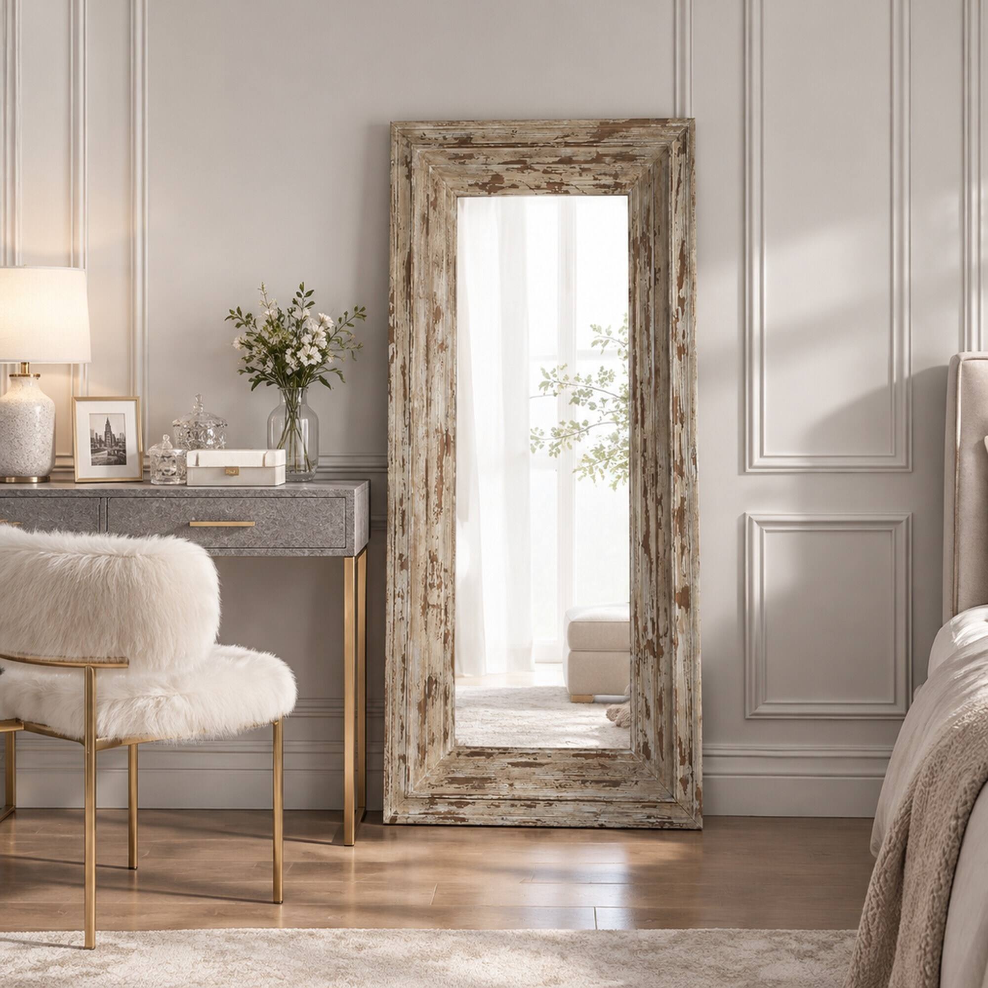 RYHNUYNE 39.4 in Full Length Rectangle Floor Mirror, Distressed Wood ...