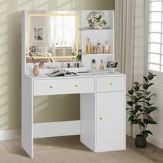 Front. Sugift - LED Vanity Table with Mirror Adjustable Lighting and 3 Tier Storage Drawers - White.