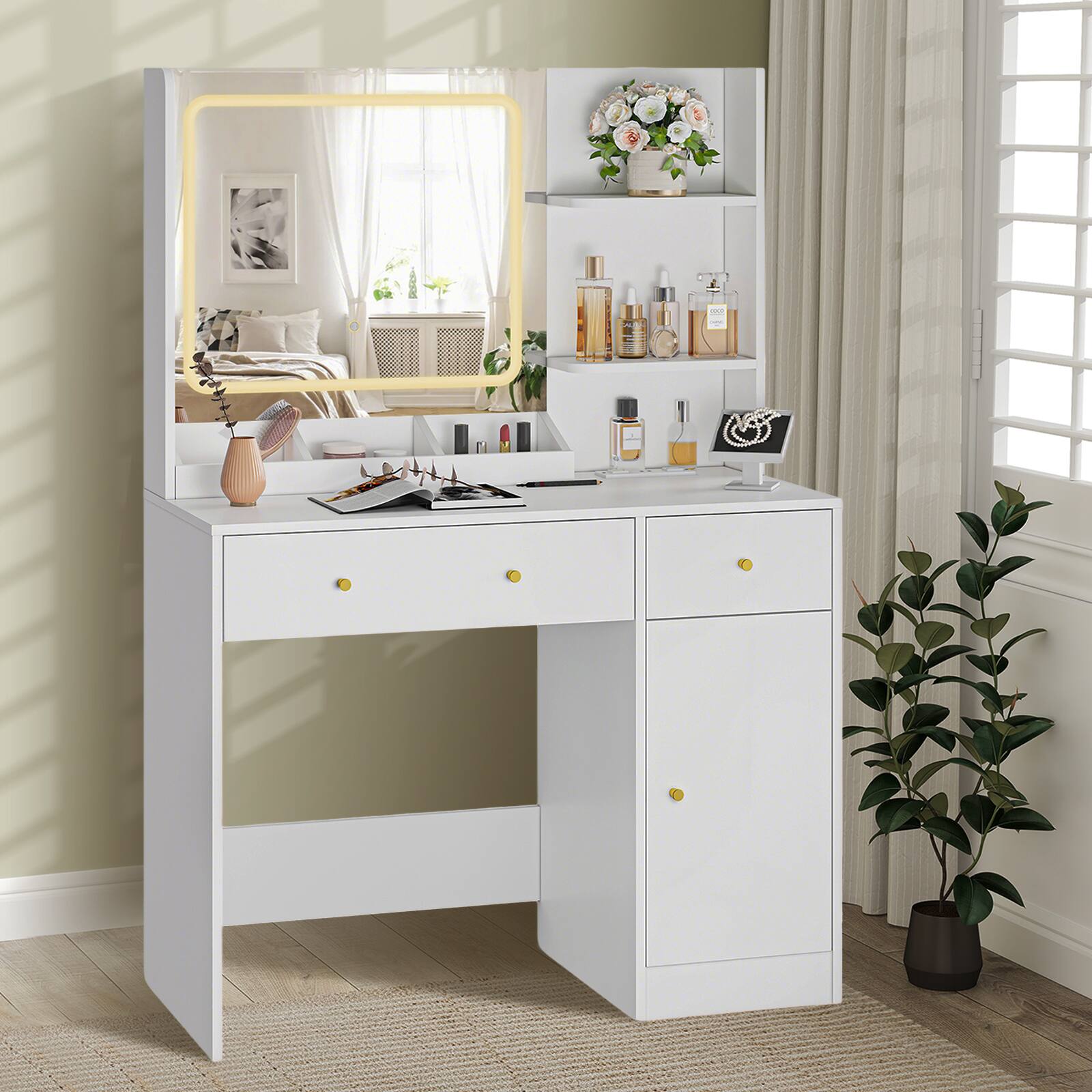 Front. HONGGE - LED Vanity Table with Mirror and 3 Lighting Modes - White.