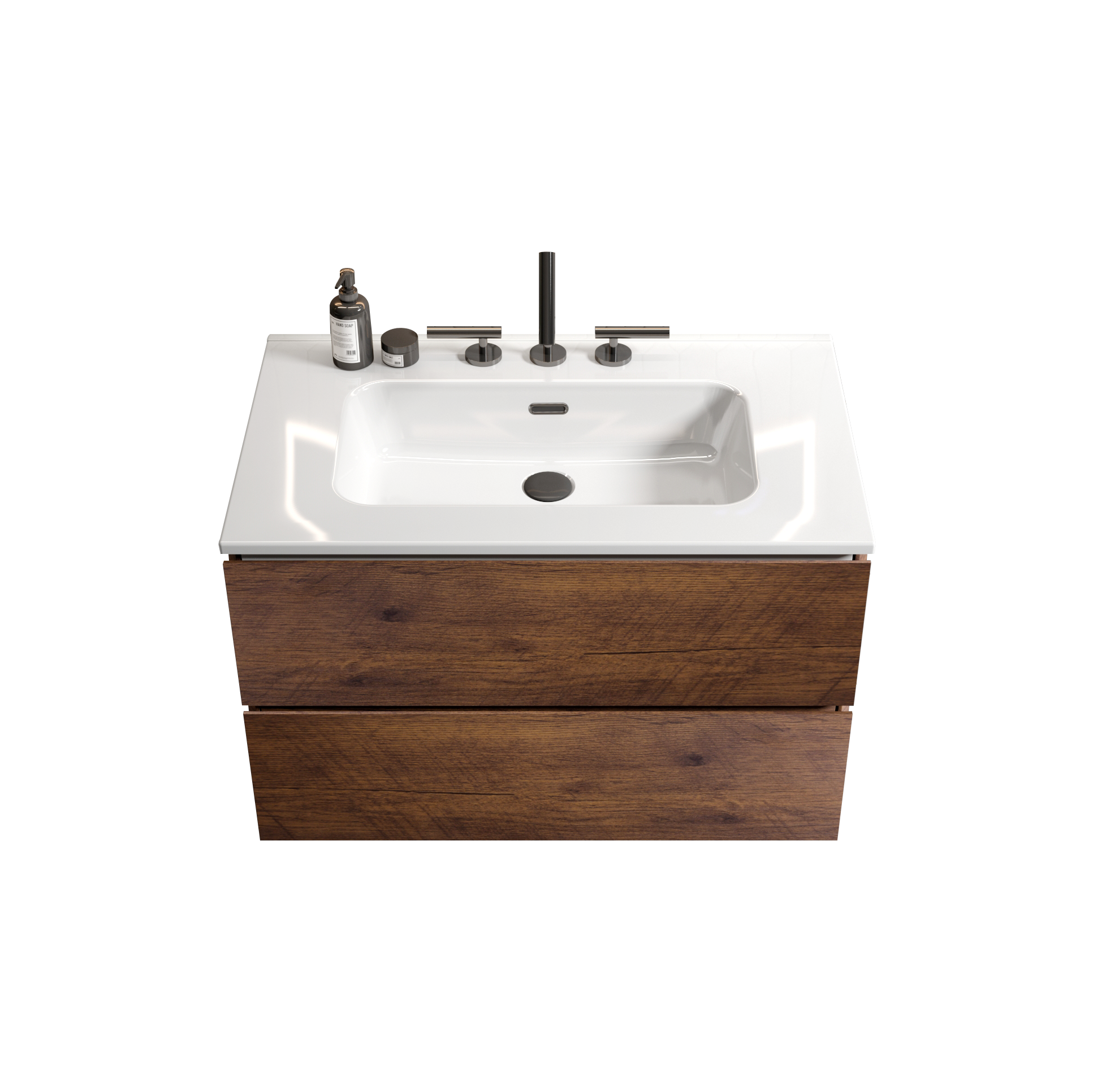 Alt View 4. Boyel Living - 30 Inch Walnut Bathroom Vanity with Ceramic Sink, Large Storage, Floating Design, One-Piece Basin, Pre-Assembled - Walnut.