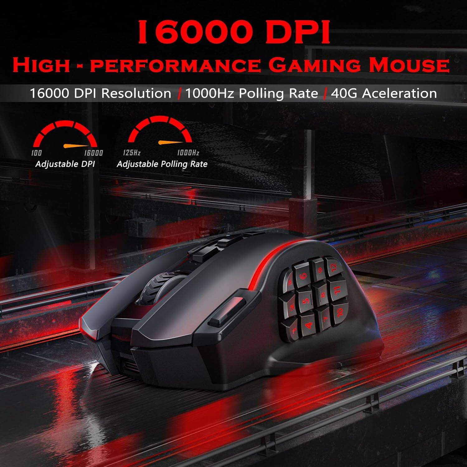 I 16000 DPI High-Performance Gaming Mouse
16000 DPI Resolution
1000Hz Polling Rate
40G Acceleration
100 16000 125Hz 1000Hz Adjustable DPI
Adjustable Polling Rate