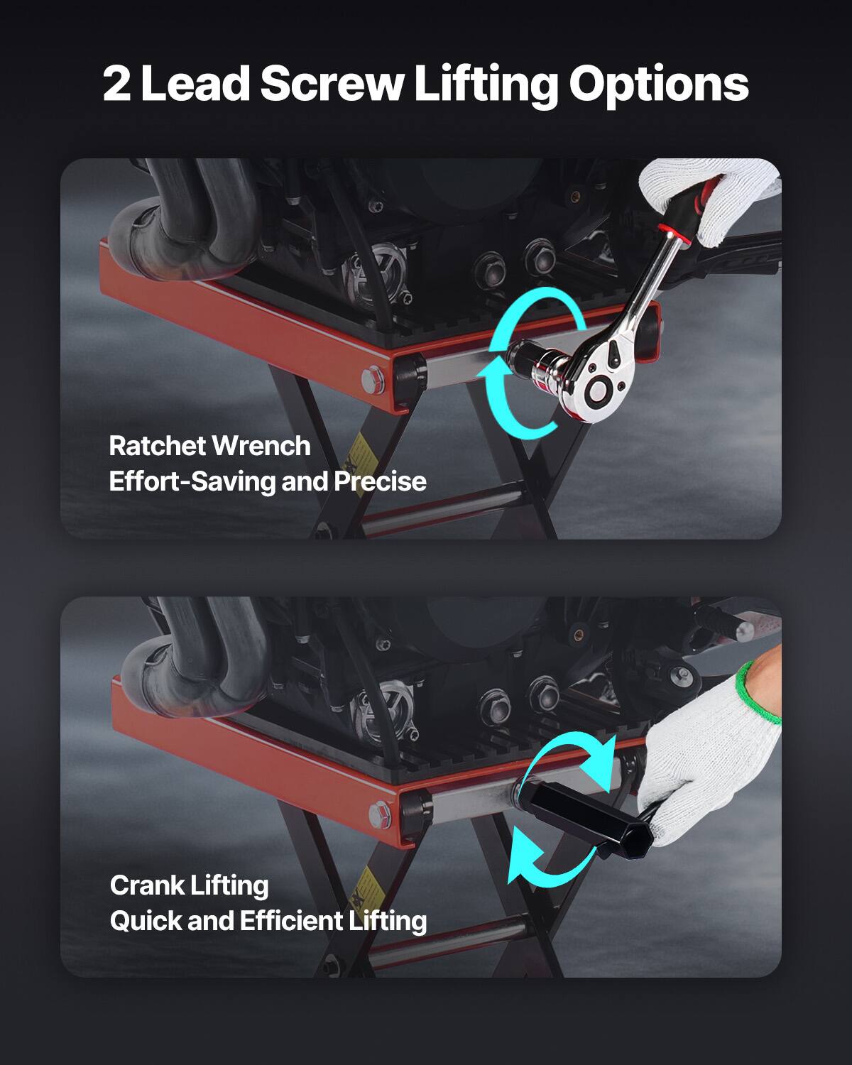 2 Lead Screw Lifting Options

- Ratchet Wrench
  - Effort-Saving and Precise

- Crank Lifting
  - Quick and Efficient Lifting