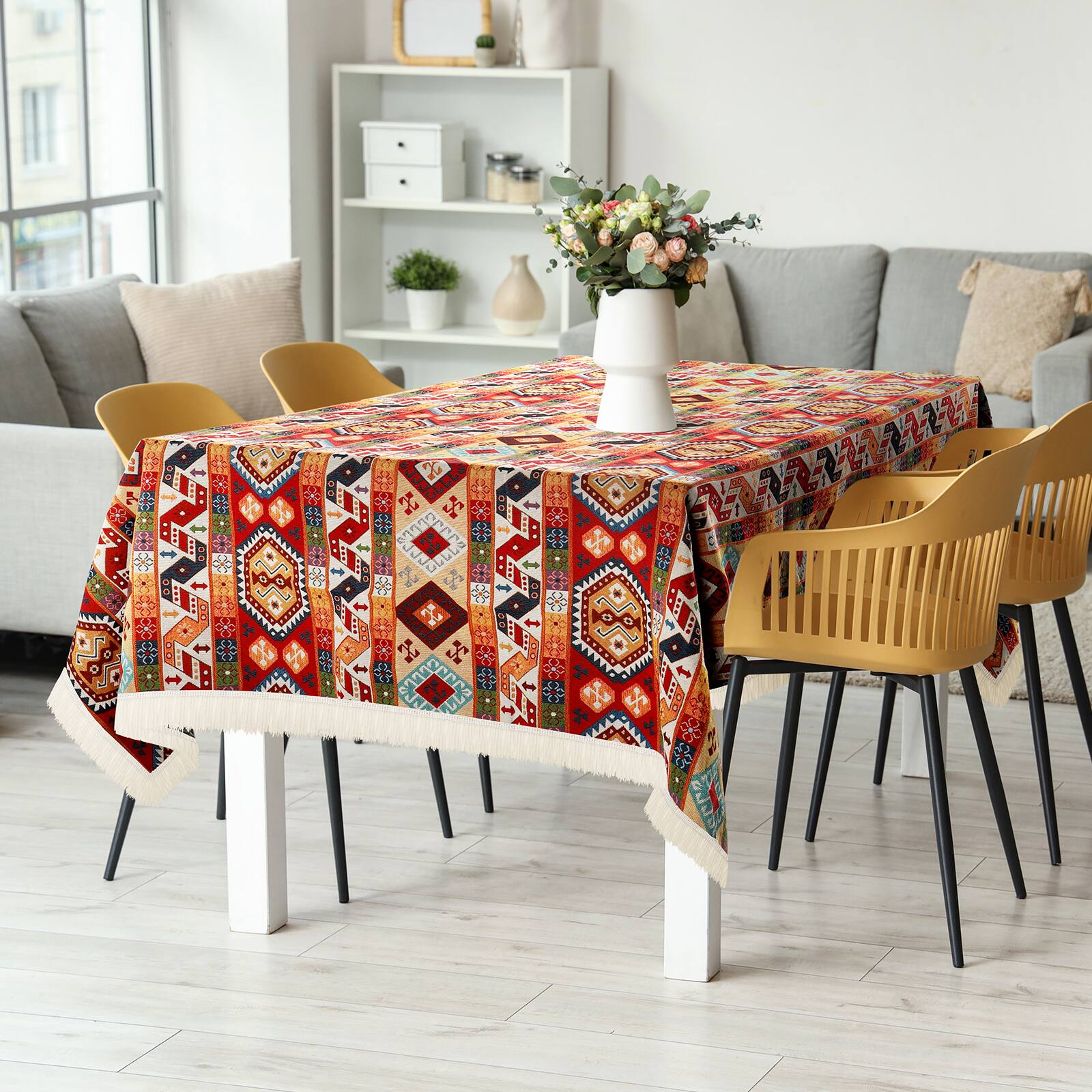 Alt View 2. Oumilen - Boho Tribal Geometric Tablecloth with White Fringe Tassels – Rectangle for Farmhouse Party, 59x86.6in - Multicolor.