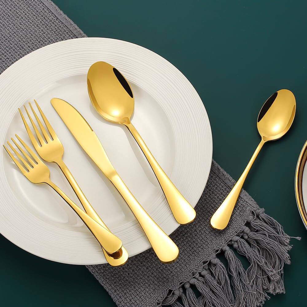 Angle. Dazzed Corner - Silverware Set for 12,Stainless Steel Shiny Gold Flatware Set,60 Pieces - Gold.