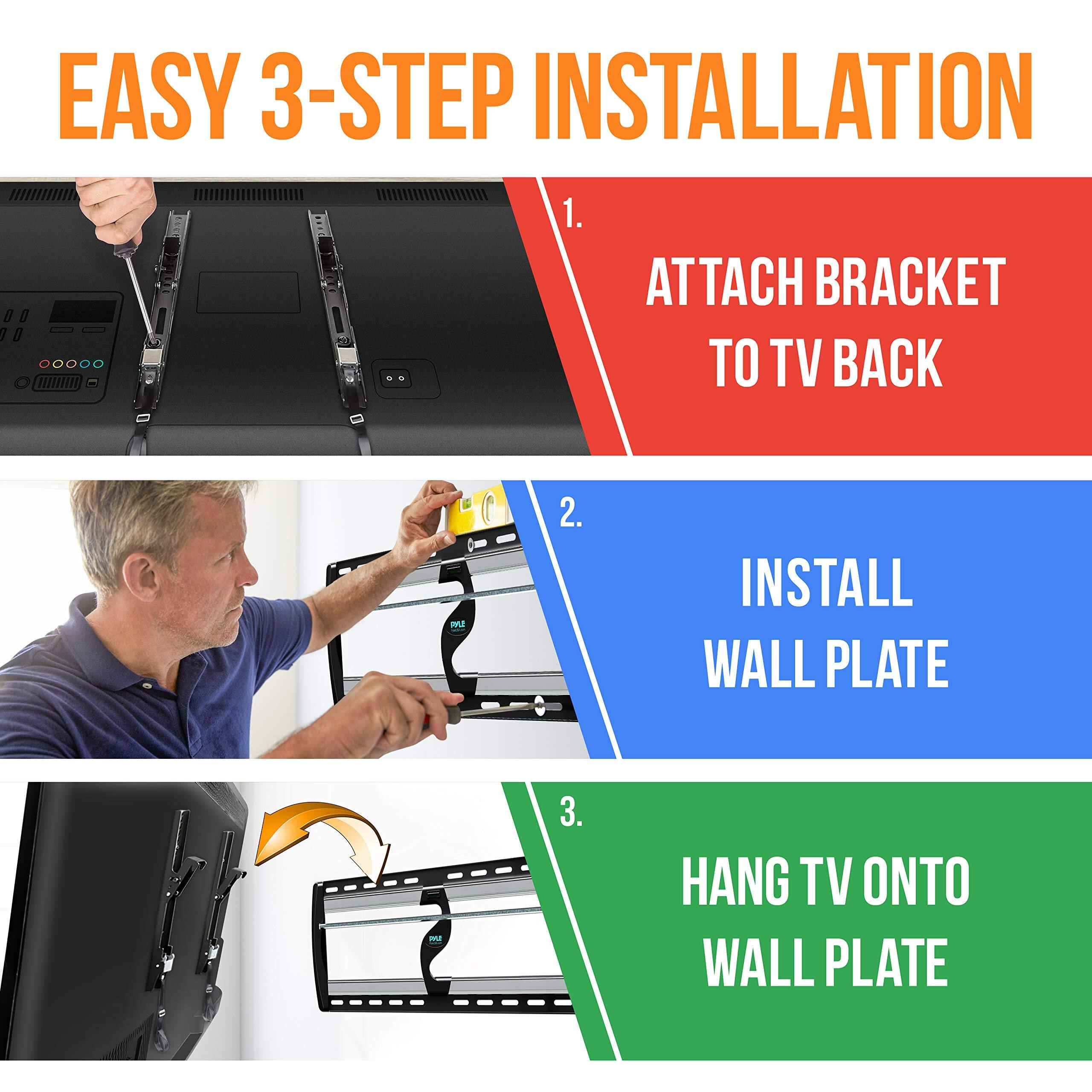 EASY 3-STEP INSTALLATION

1. ATTACH BRACKET TO TV BACK
2. INSTALL WALL PLATE
3. HANG TV ONTO WALL PLATE
