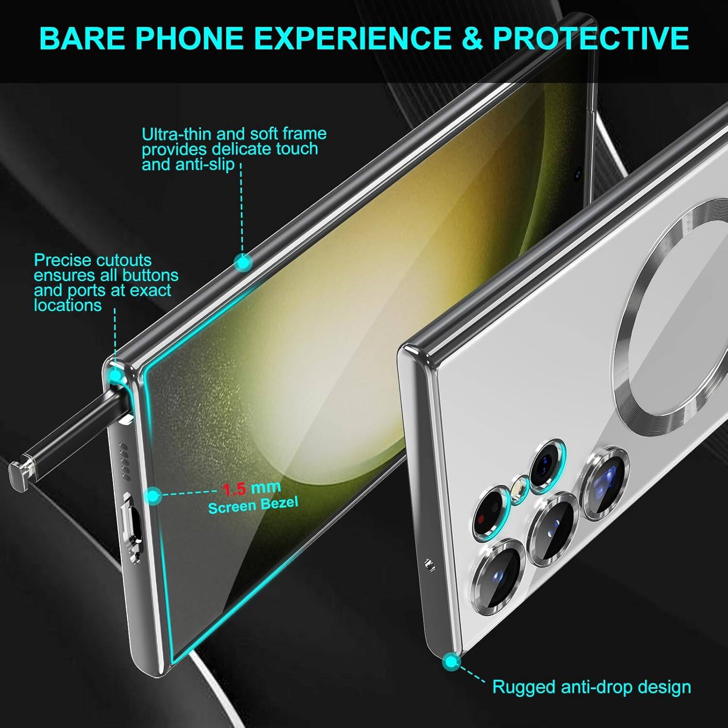 BARE PHONE EXPERIENCE & PROTECTIVE

Ultra-thin and soft frame provides delicate touch and anti-slip
Precise cutouts ensures all buttons and ports at exact locations
1.5 mm Screen Bezel
Rugged anti-drop design