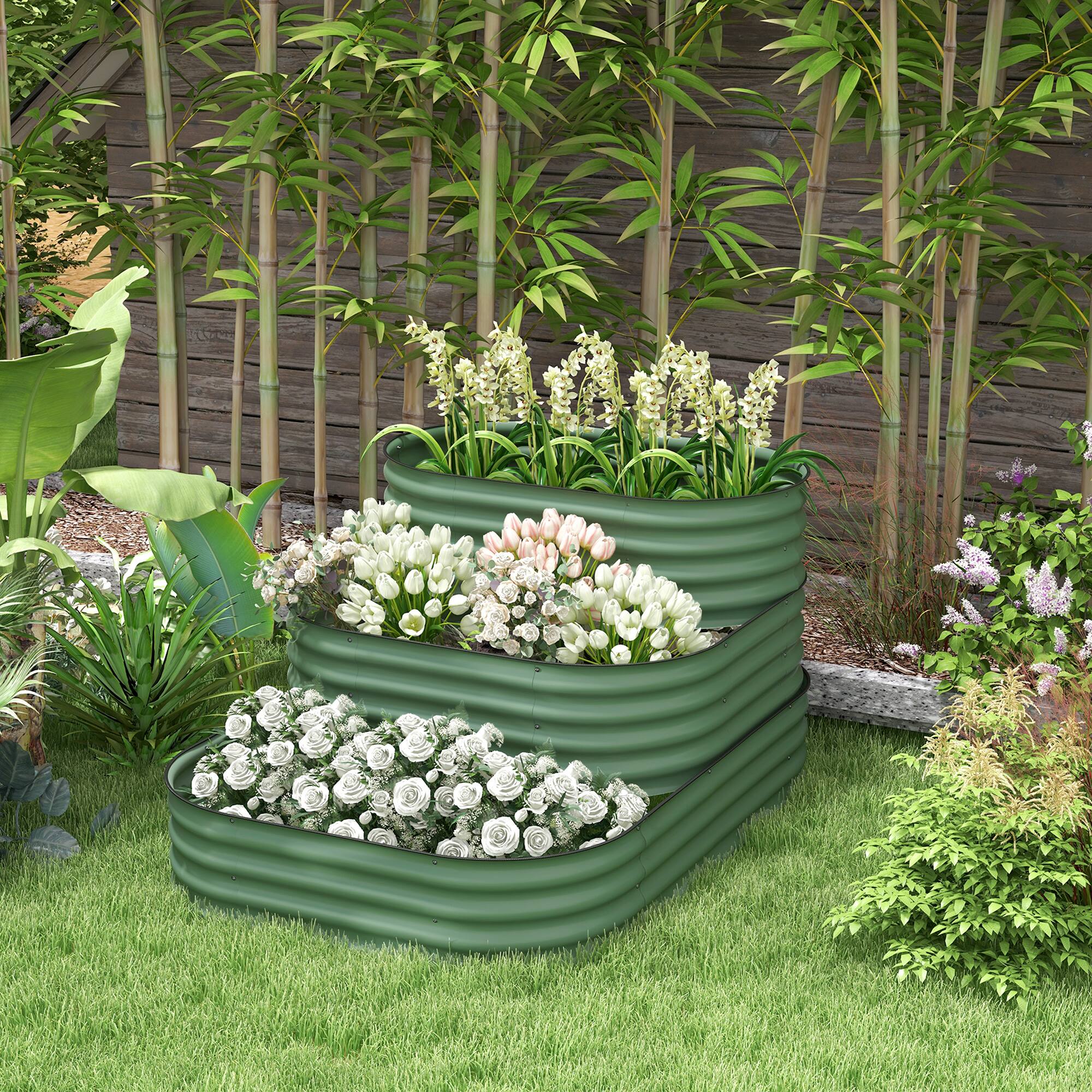 Alt View 1. Outsunny - 3-Tier Galvanized Steel Raised Garden Bed Kit, 62.25" x 43" x 32.25", 3 Combining Planter Boxes with Rubber Strip Edging - Green.