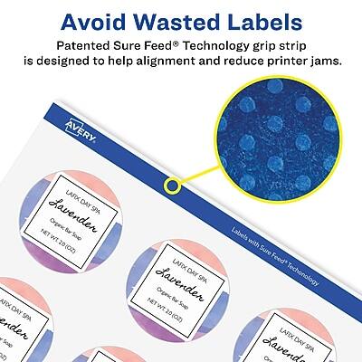 Avoid Wasted Labels  
Patented Sure Feed® Technology grip strip is designed to help alignment and reduce printer jams.

AVERY  
LARX DAY SPA  
Lavender  
Organic Bar Soap  
NET WT 20 OZ (1.25 LB)  

Labels with Sure Feed Technology