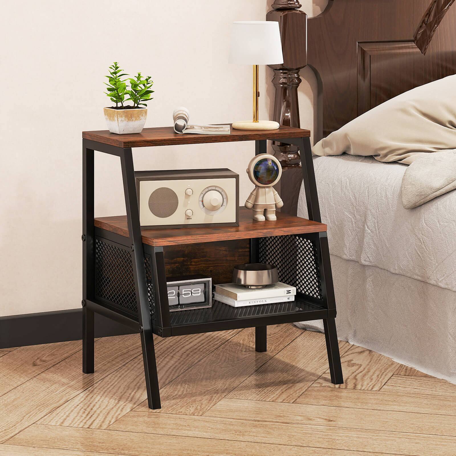 Alt View 3. Costway - Costway 2 PCS Industrial Nightstand 3-Tier End Table with 2 Open Shelves & Metal Mesh Compartment - Brown.