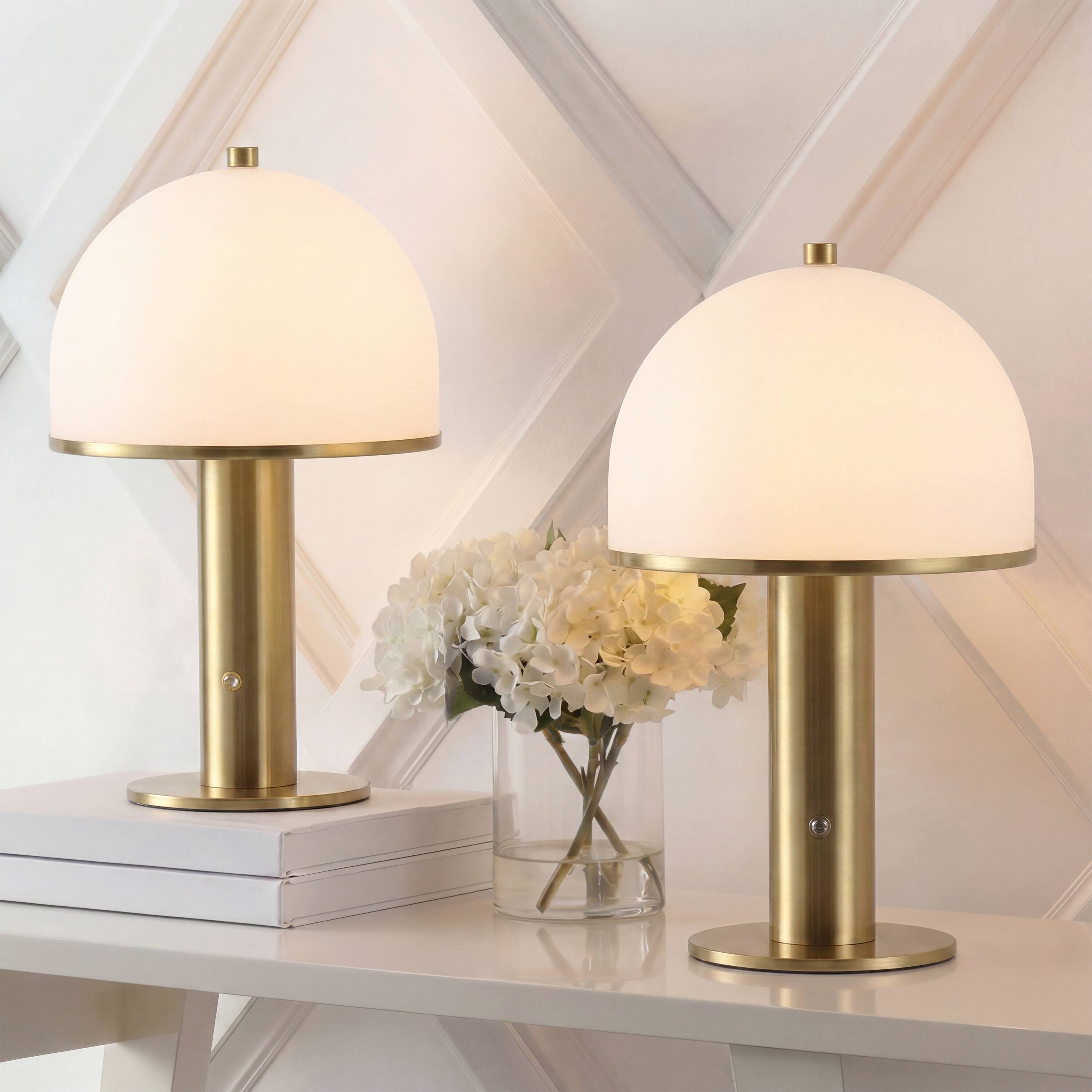 Alt View 1. Jonathan Y - Imani 12.25" Metal Rechargeable Table Lamp Set of 2, Brass Gold, White Glass Dome Shade, Touch Dimmable Cordless Light - Brass Gold.