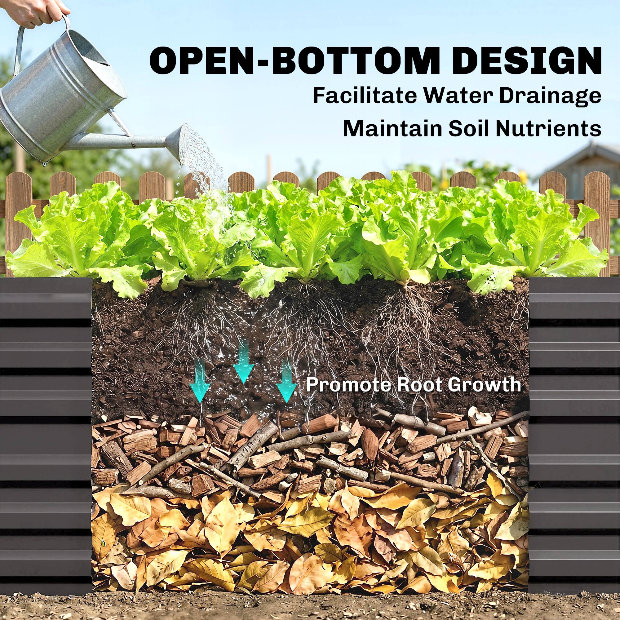 OPEN-BOTTOM DESIGN  
Facilitate Water Drainage  
Maintain Soil Nutrients  
Promote Root Growth