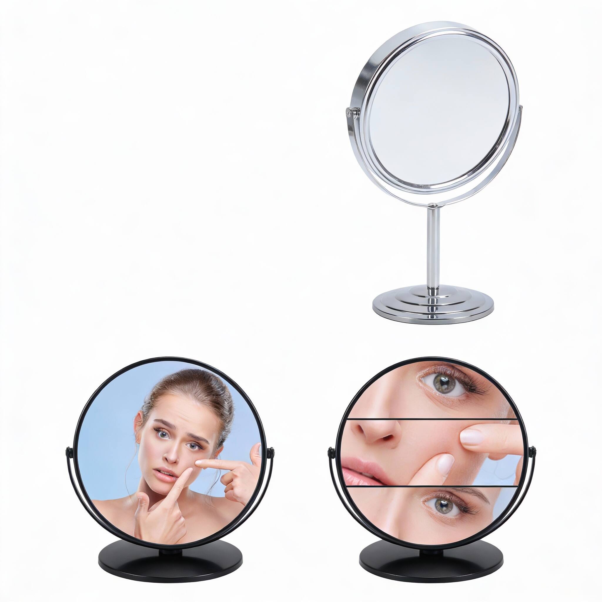 Left. PO3TICJUNKI3 - 3x Magnifying Vanity Makeup Mirror Double Sided 1x 3x Magnification Tabletop - Silver 12"L x 7"W.