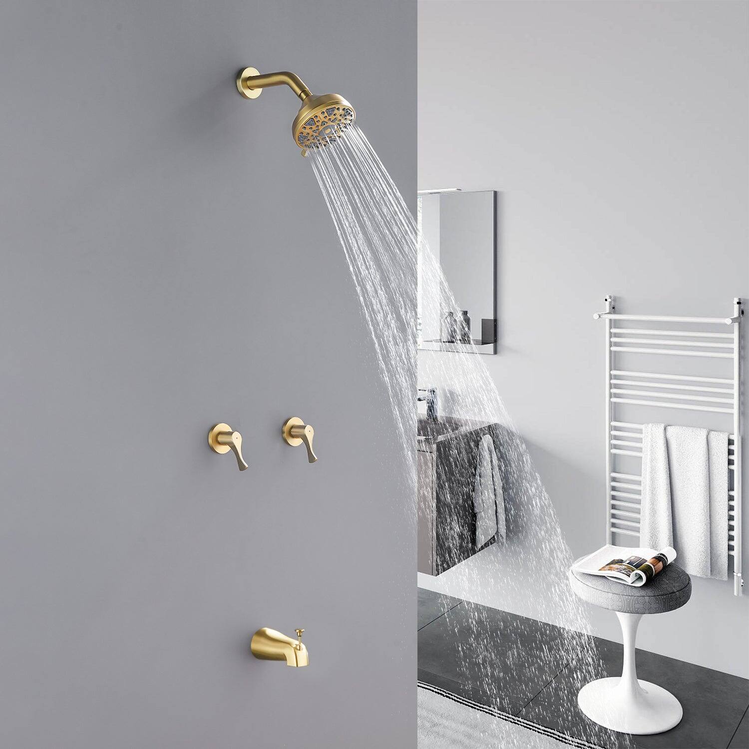 Alt View 3. Boyel Living - Brushed Gold Shower Set with 6 Function ABS Shower Head Dual Handle Control and High Flow Tub Spout - Brushed Gold.