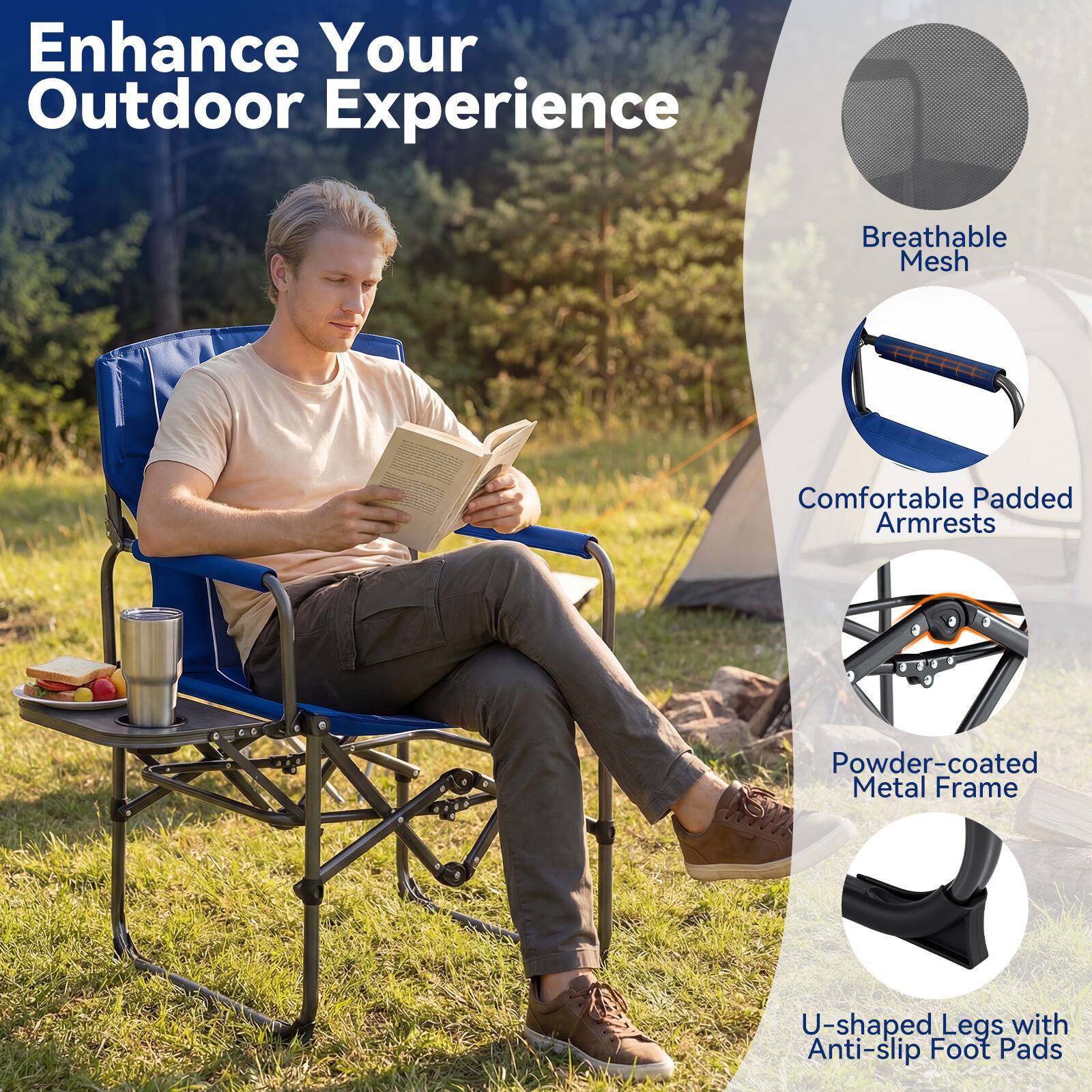 Enhance Your Outdoor Experience

- Breathable Mesh
- Comfortable Padded Armrests
- Powder-coated Metal Frame
- U-shaped Legs with Anti-slip Foot Pads