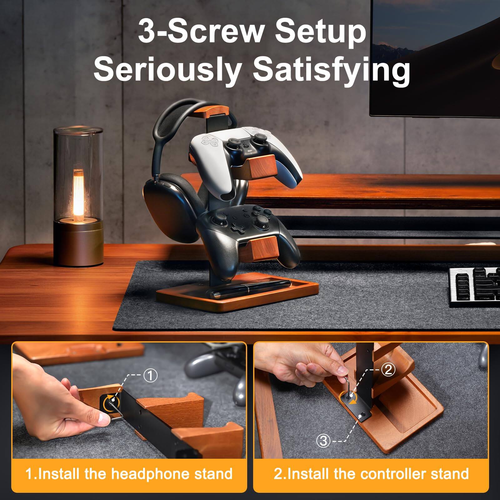 3-Screw Setup Seriously Satisfying

1. Install the headphone stand
2. Install the controller stand