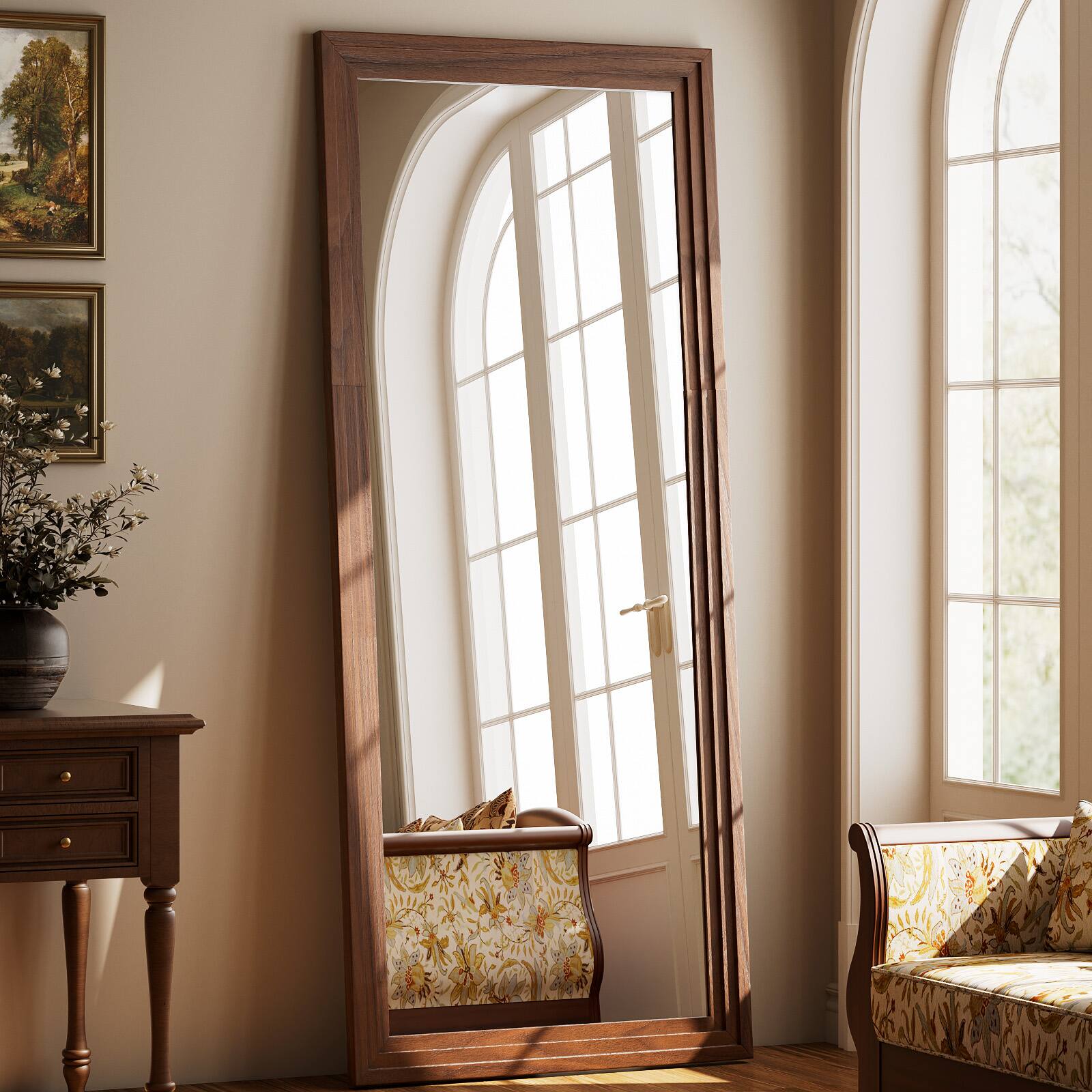 Angle. Easly - Antique Brown 30 in. W x 71 in. H Rectangle Wood Framed Full Length Floor Mirror - Walnut.