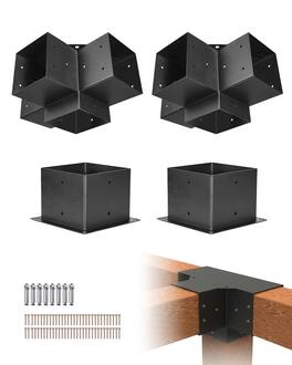 VEVOR - Pergola Bracket Kit, 6x6 Inch (Inner Size 5.5x5.5), 2 Pcs 4-Way Heavy Duty Corner Bracket Woodworks DIY Post Base Kit - Black
