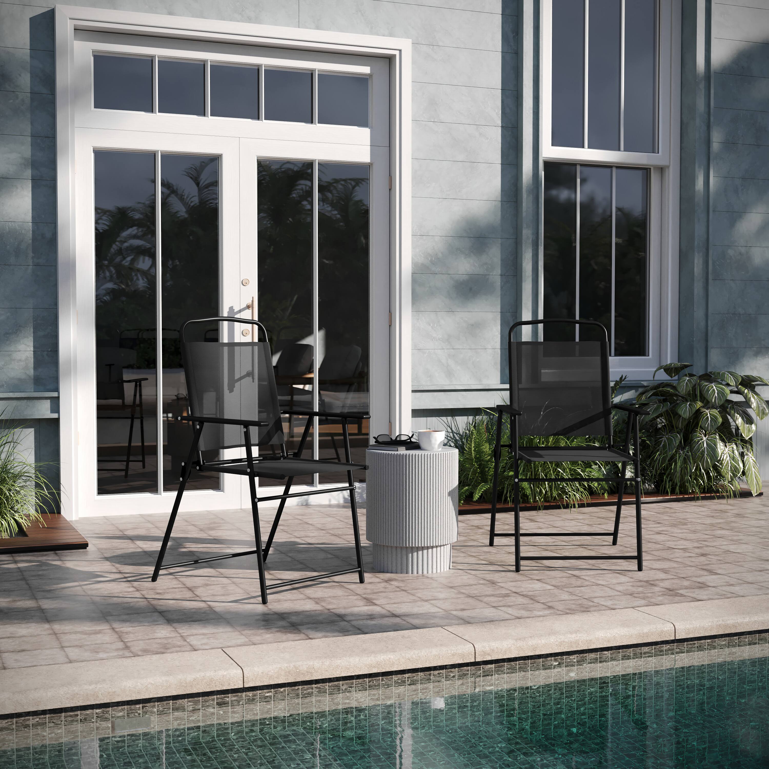 Alt View 2. Emma + Oliver - Munroe Set of 2 Textilene Folding Sling Style Patio Chairs with Armrests - Black.