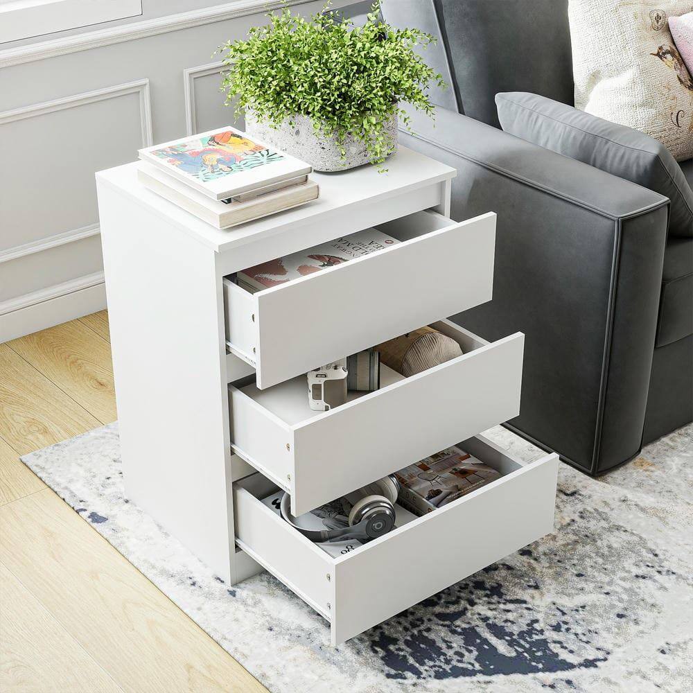 Alt View 5. Kadyn - Bedside Nightstand, Sleek White Design, Ample Storage, Waterproof Top, Smooth Rolling Drawers - White 3-Drawer.