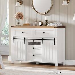 Acekool - Farmhouse Buffet Cabinet Sideboard Storage Cabinet with 5 Drawers and Sliding Barn Doors - White