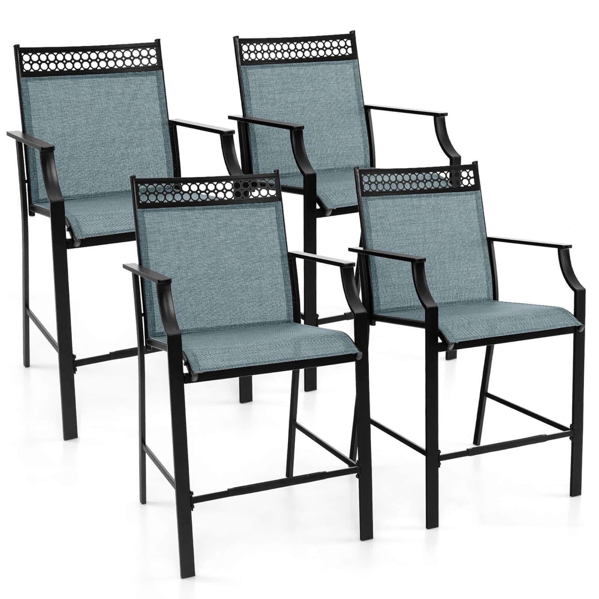 Gymax - Outdoor Counter Stools Set of 4 w/ Footrest & Armrests Metal Frame for Backyard - Blue
