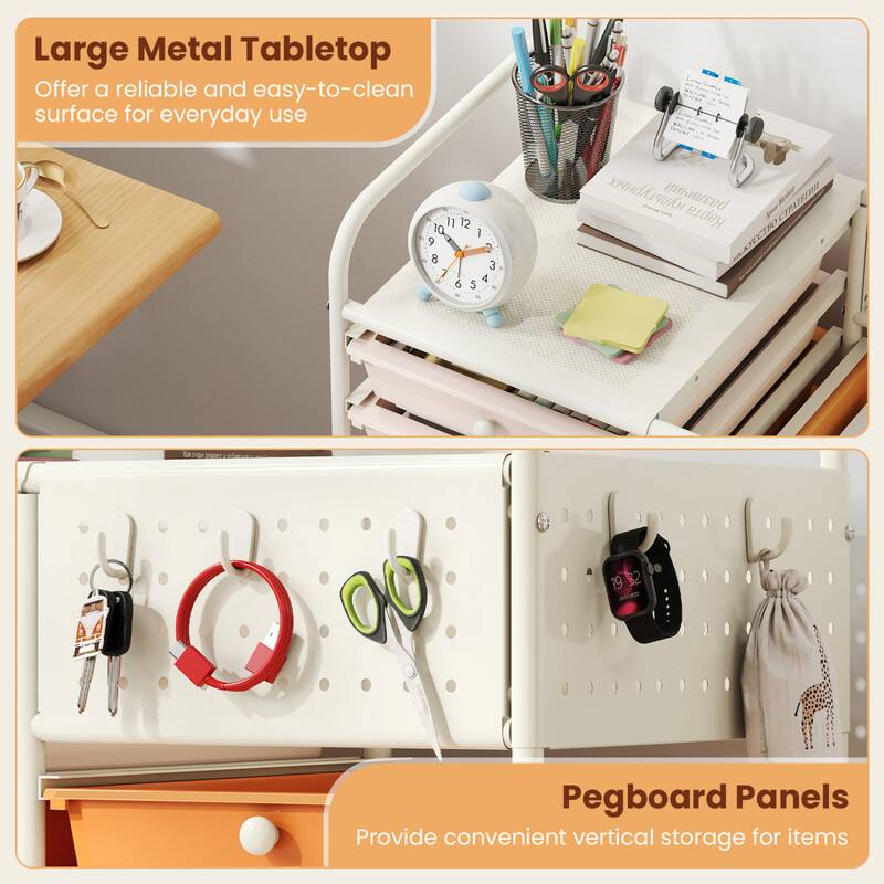 Large Metal Tabletop  
Offer a reliable and easy-to-clean surface for everyday use  

Pegboard Panels  
Provide convenient vertical storage for items