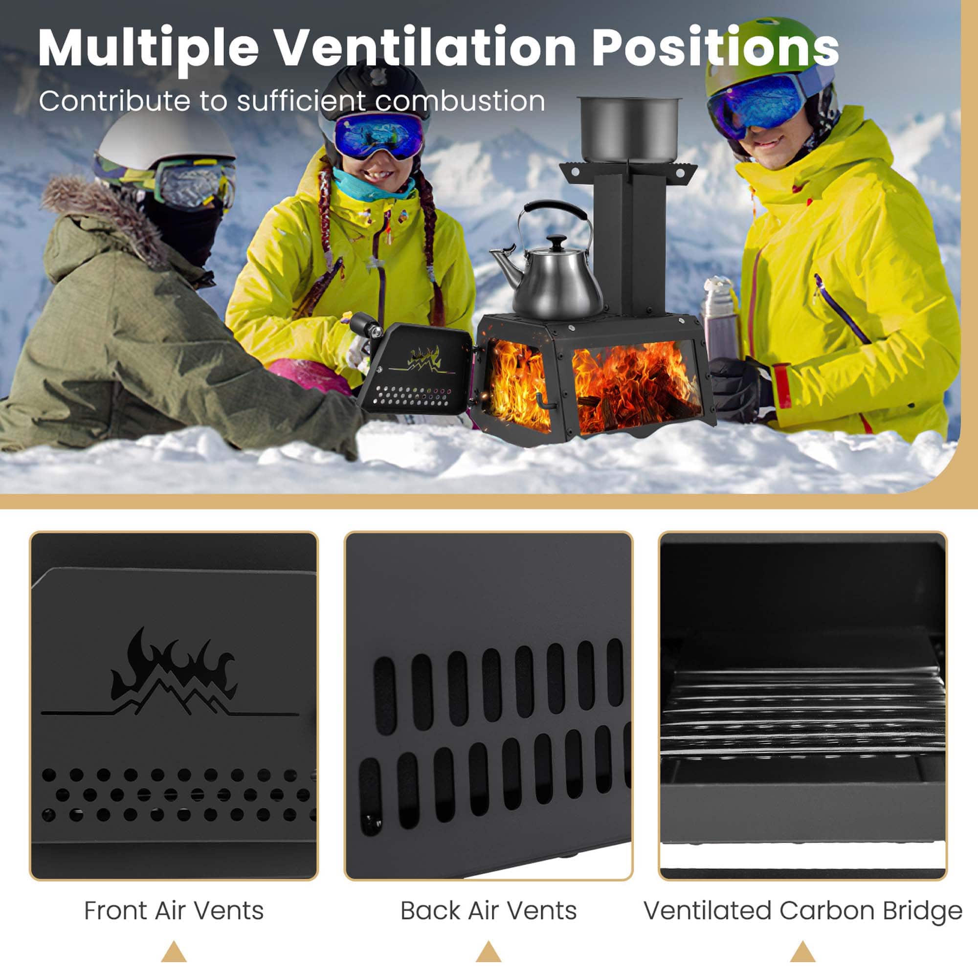 The text on the image is grouped and corrected as follows:
Multiple Ventilation Positions Contribute to sufficient combustion Front Air Vents Back Air Vents Ventilated Carbon Bridge