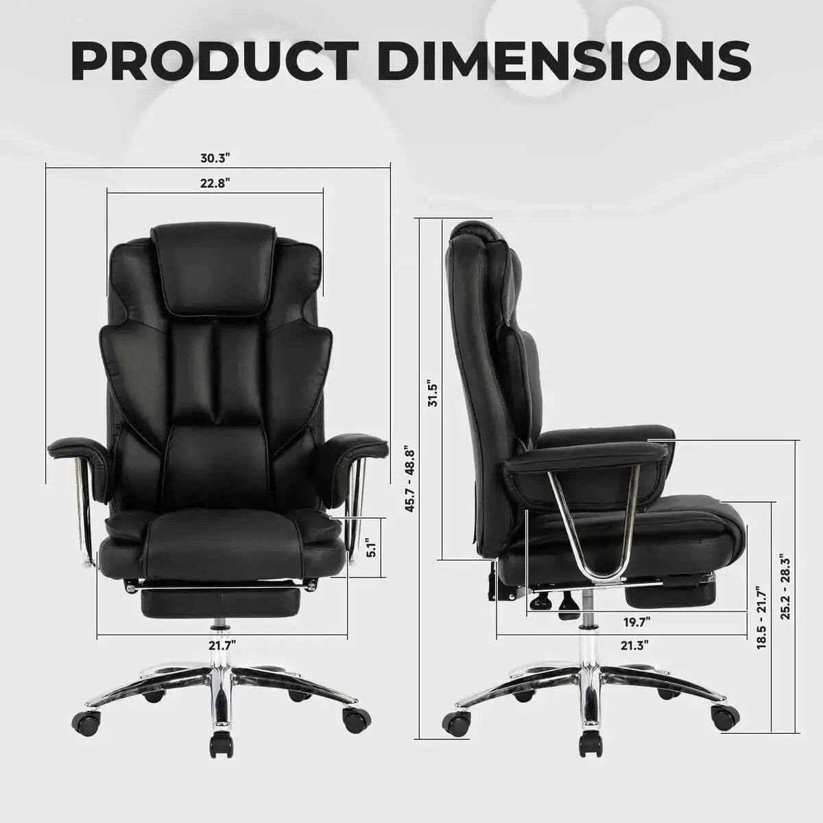 PRODUCT DIMENSIONS

- Width: 30.3"
- Depth: 22.8"
- Height: 5.1"
- Seat Height: 45.7 - 48.8"
- Seat Depth: 21.7"
- Armrest Height: 31.5"
- Back Height: 25.2"
- Seat Width: 19.7"
- Armrest Width: 21.3"
- Overall Height: 18.5 - 28.3"
