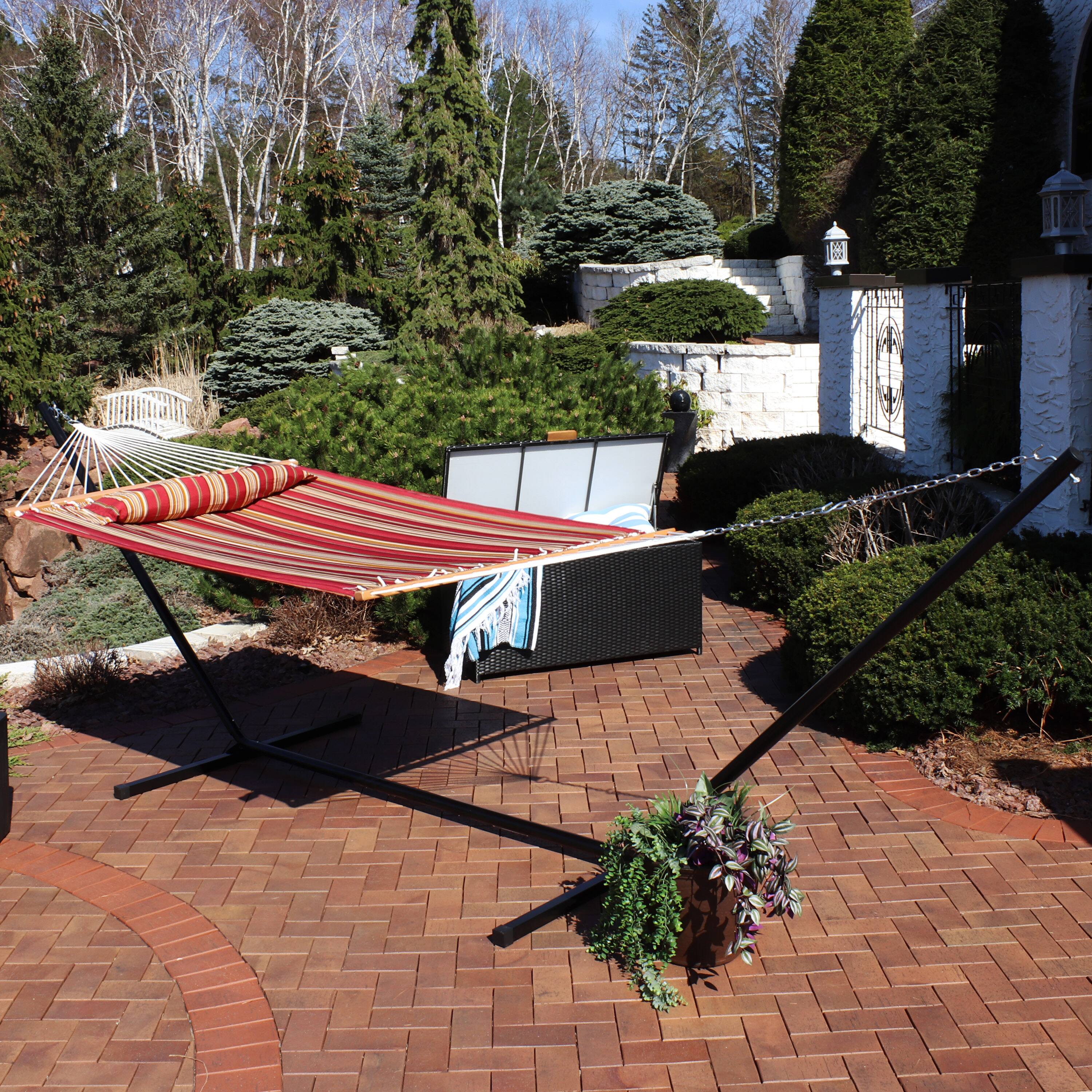 Alt View 3. Sunnydaze - 2-Person Quilted Fabric Hammock with 15' Stand and Pillow - Red Stripe.