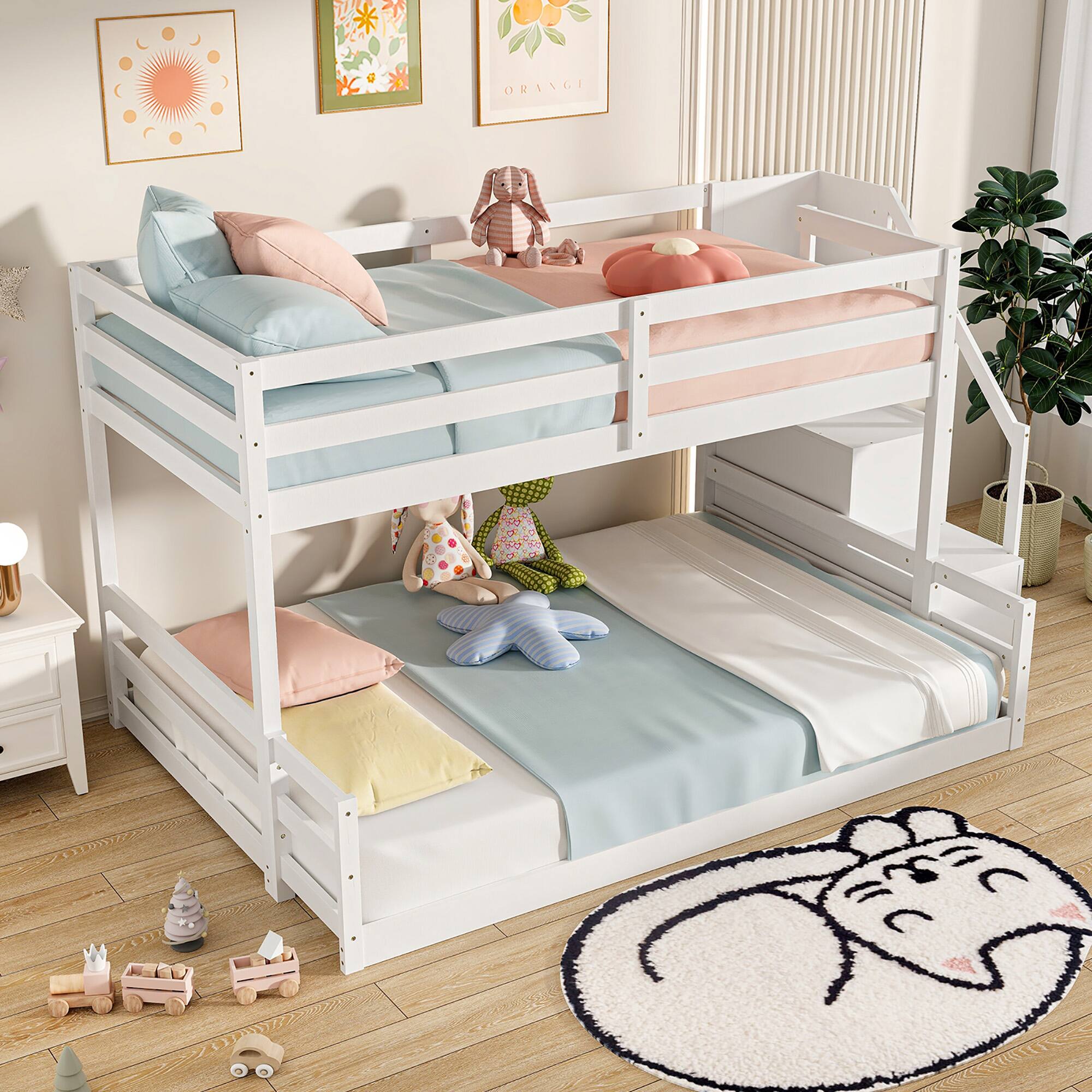Front. Gymax - Gymax Twin Over Full Low Bunk Bed w/ Storage Stairs w/ Full-length Guardrails - White.