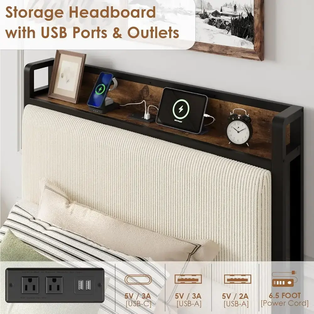 Storage headboard with USB-A and USB-C charging ports