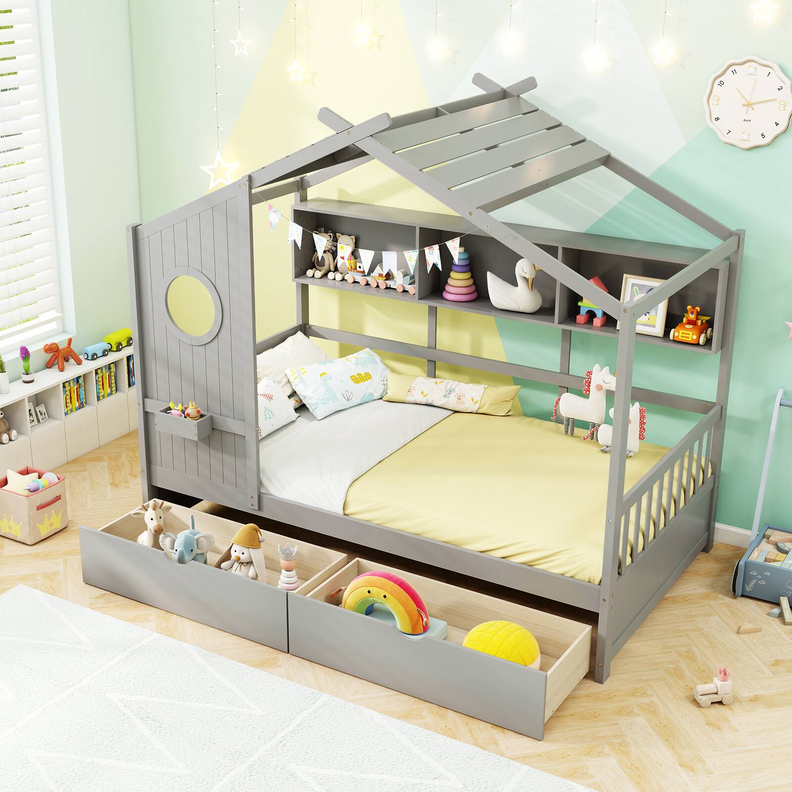 Alt View 9. Gymax - Gymax Twin Size House Bed Kids Bed Frame w/ 2 Storage Drawers & Fence Guardrails Gray - Gray.