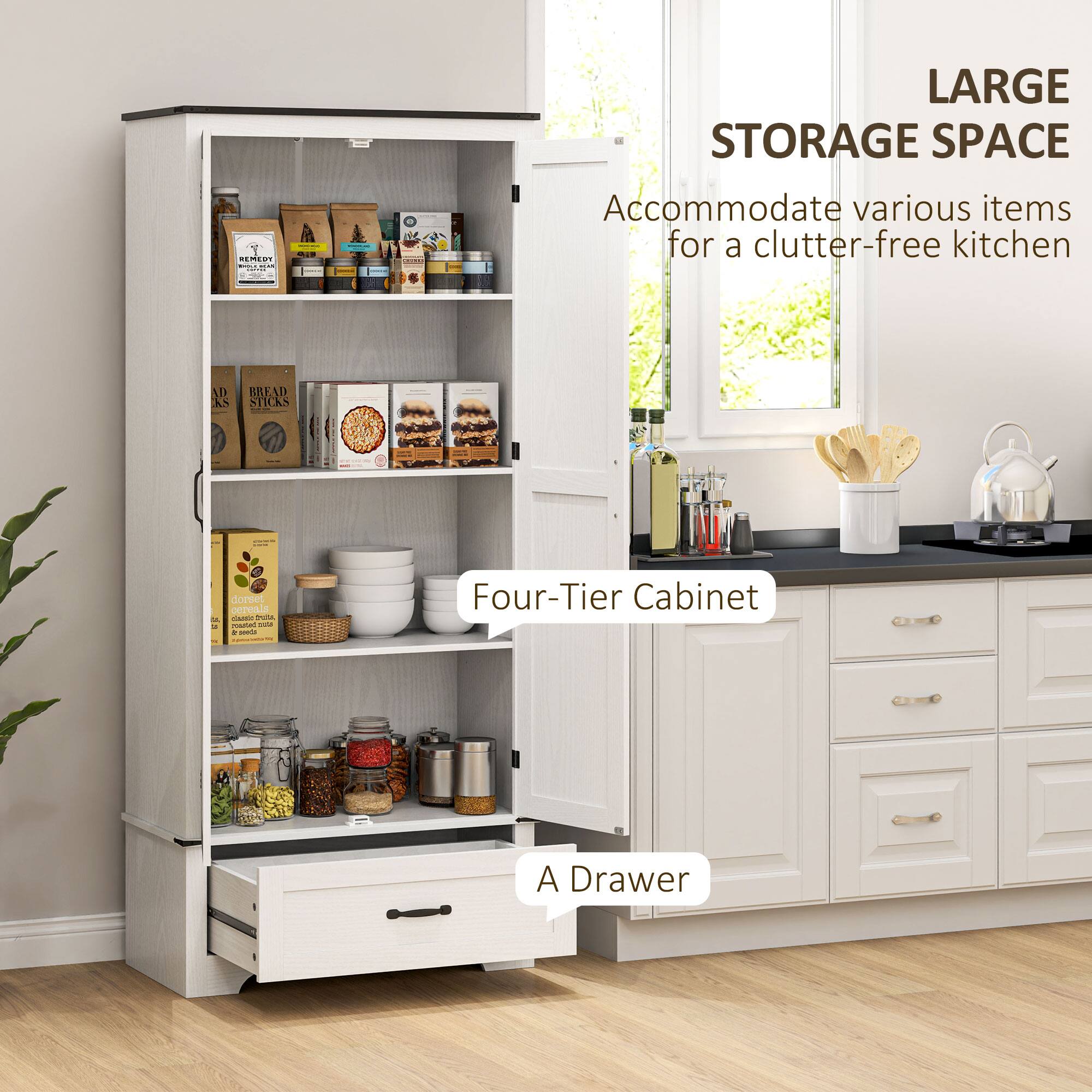LARGE STORAGE SPACE Accommodate various items for a clutter-free kitchen Four-Tier Cabinet A Drawer