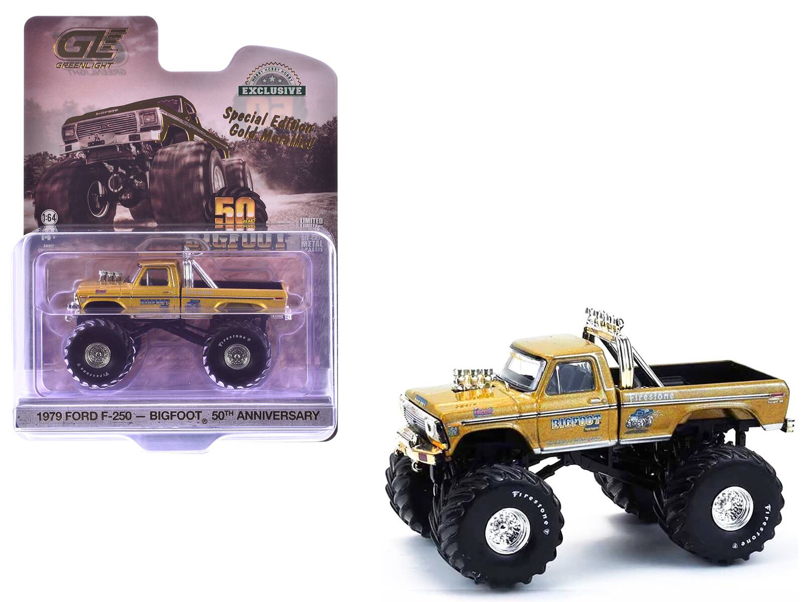 Sure, here is the corrected and grouped text from the image:

---

**Greenlight**

**Exclusive**

**Special Gold Edition**

**1:64 Scale Model**

**1979 FORD F-250 - BIGFOOT - 50th Anniversary**

**Limited Die-Cast Metal Model**

**50th Anniversary**

**Firestone**

**BIGFOOT**

**1979 FORD F-250 - BIGFOOT - 50th ANNIVERSARY**

---

This text is organized to reflect the information presented on the packaging and the model itself.