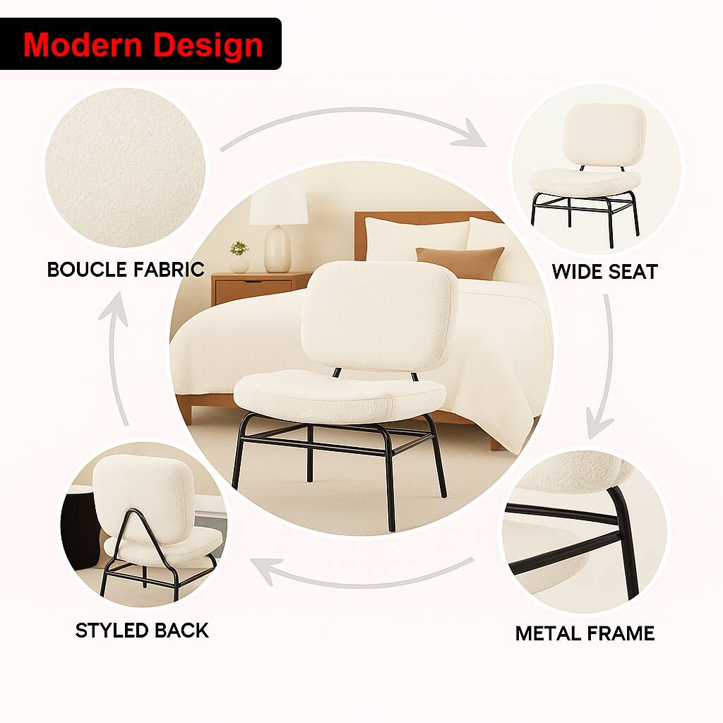 Modern Design

- Boucle Fabric
- Wide Seat
- Styled Back
- Metal Frame