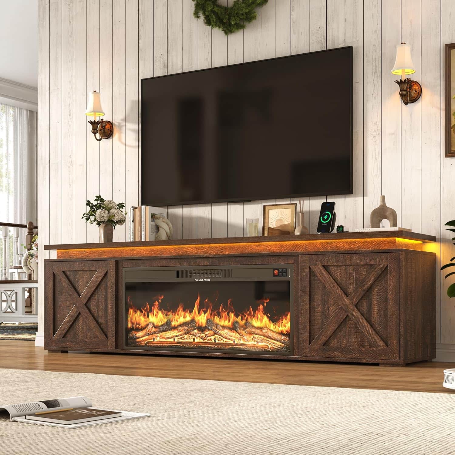 Espafurni - 83" Farmhouse TV Stand with 40" Electric Fireplace, LED & Sliding Barn Doors, Fits TVs up to 95"(2-Box Set) - Brown
