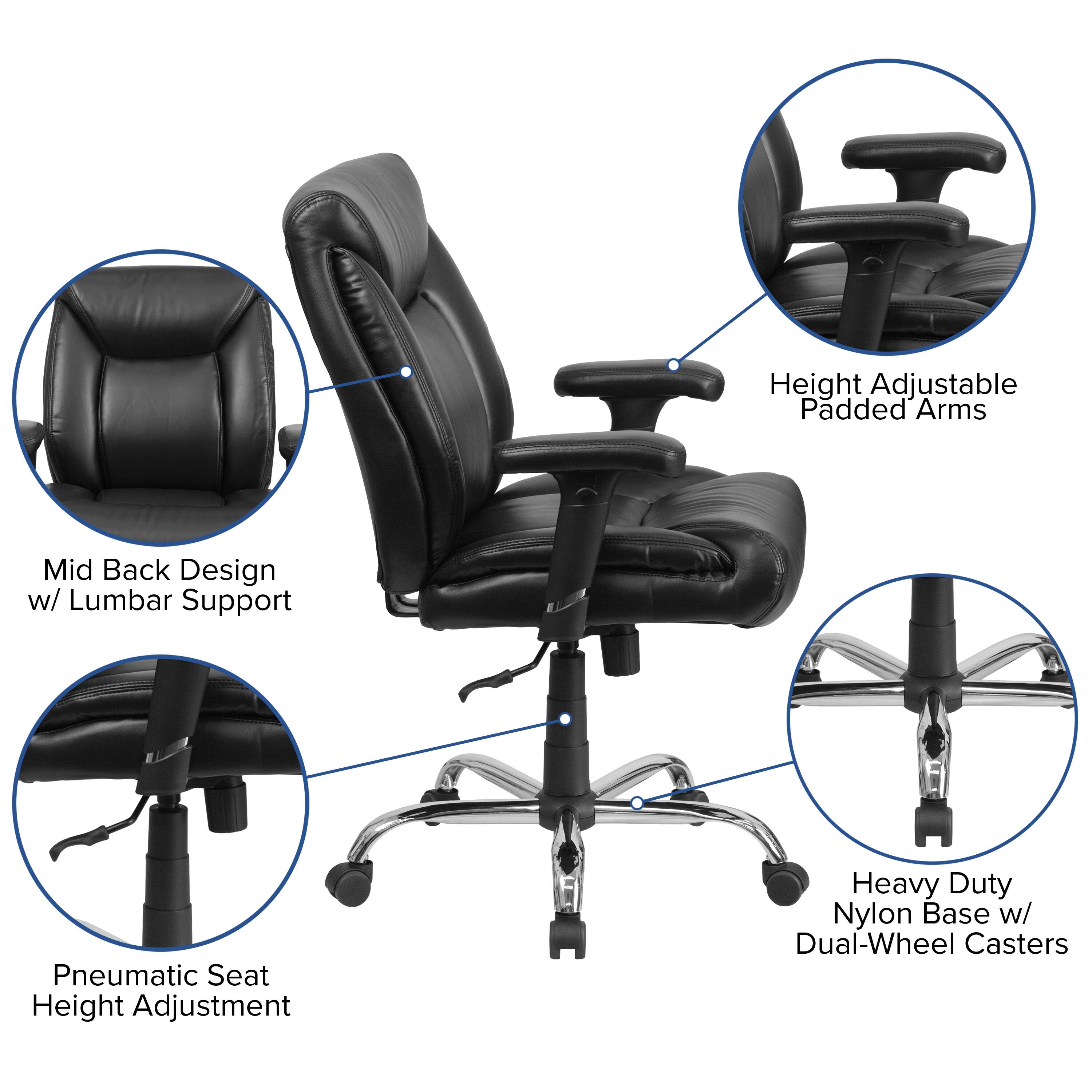 Height Adjustable Padded Arms  
Mid Back Design w/ Lumbar Support  
Pneumatic Seat Height Adjustment  
Heavy Duty Nylon Base w/ Dual-Wheel Casters