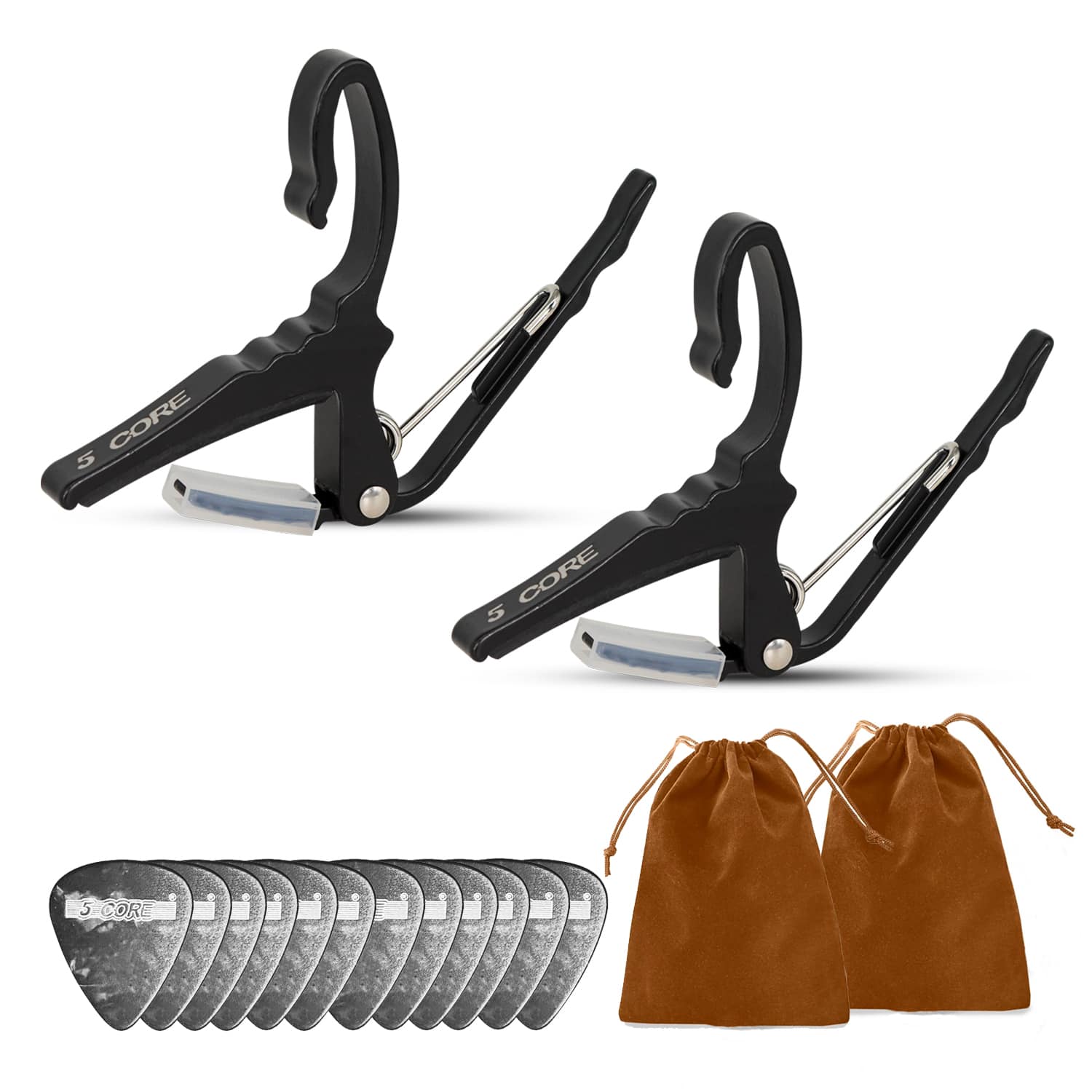 5 CORE - Guitar Capo Pair Quick Change Acoustic Electric String Clip Banjo Mandolin Or Ukulele Black