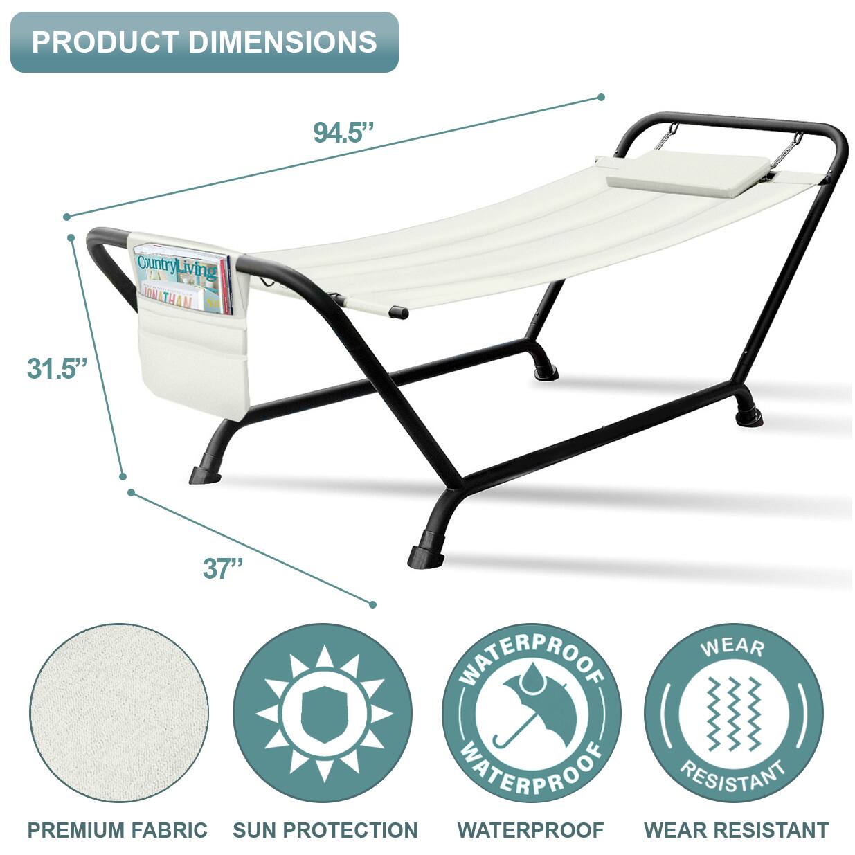 PRODUCT DIMENSIONS  
94.5" x 31.5" x 37"  

- PREMIUM FABRIC  
- SUN PROTECTION  
- WATERPROOF  
- WEAR RESISTANT
