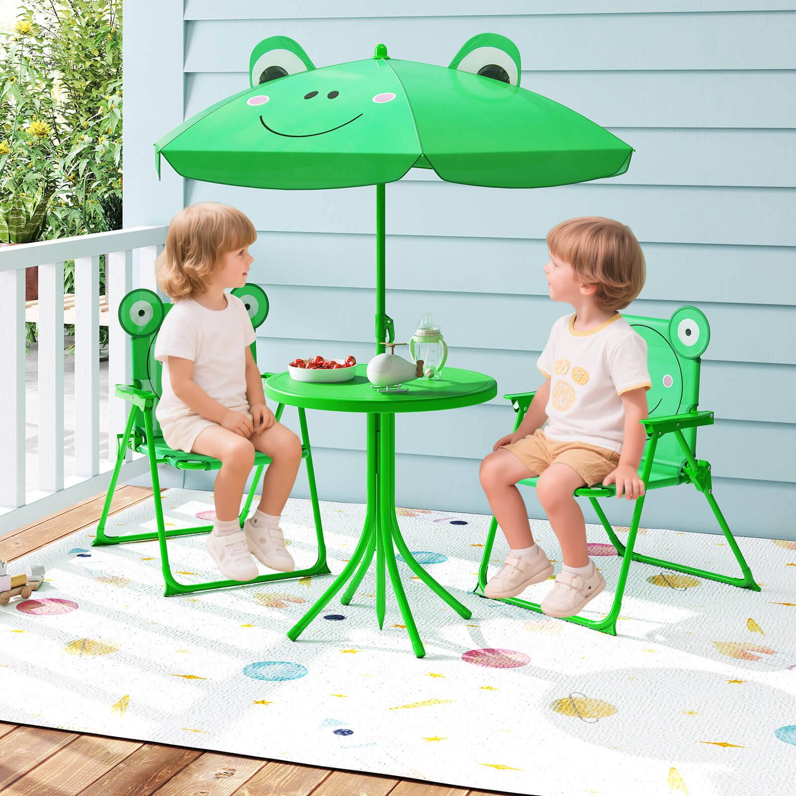 Alt View 3. Costway - Costway Kids Picnic Table & Chair Set with 2 Folding Chairs & Height Adjustable Umbrella - Green.