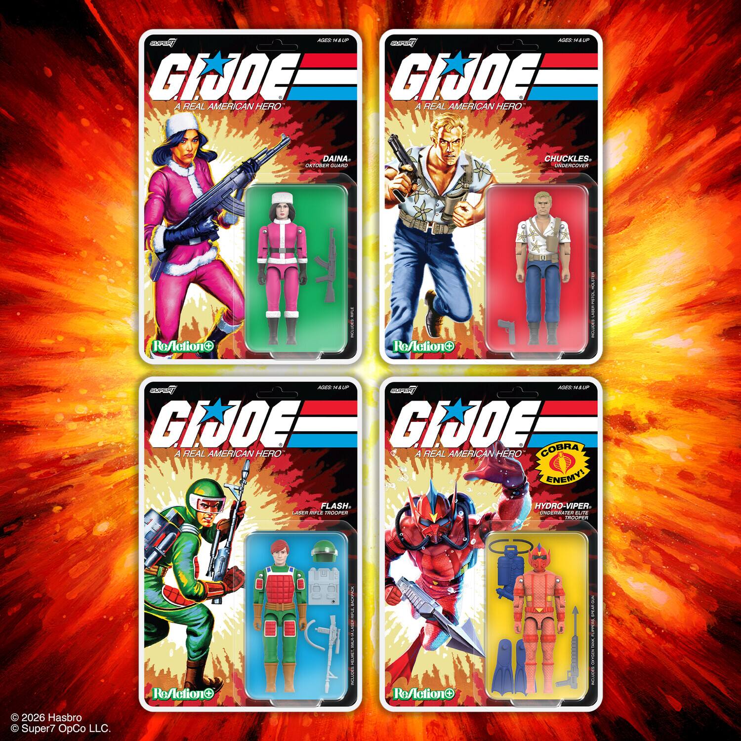 GIJOE  
A REAL AMERICAN HERO  

DAINA  
OKTUBER GUARD  

CHUCKLES  
UNDERCOVER  

FLASH  
LASER RIFLE TROOPER  

HYDRO-VIPER  
UNDERWATER ELITE  

COBRA ENEMY!  

© 2026 Hasbro  
© Super7 OpCo LLC.