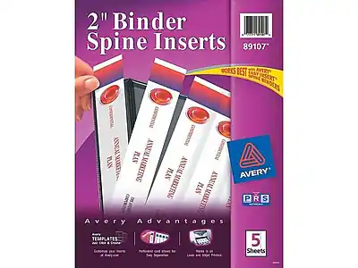 2" Binder Spine Inserts
89107
WORKS BEST WITH AVERY SPINE INSERT BINDERS
Avery Advantages
- TEMPLATES: Just Cut & Create
- Perfect for easy labeling
- Works with all Laser and Inkjet Printers
5 Sheets
PRS
