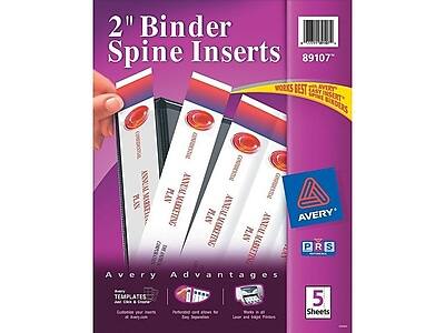 2" Binder Spine Inserts  
89107  

WORKS BEST WITH AVERY SPINE INSERT BINDERS  

Avery Advantages  
- TEMPLATES: Just Cut & Create  
- Perfect for easy labeling  
- Works with all Laser and Inkjet Printers  

5 Sheets  

PRS