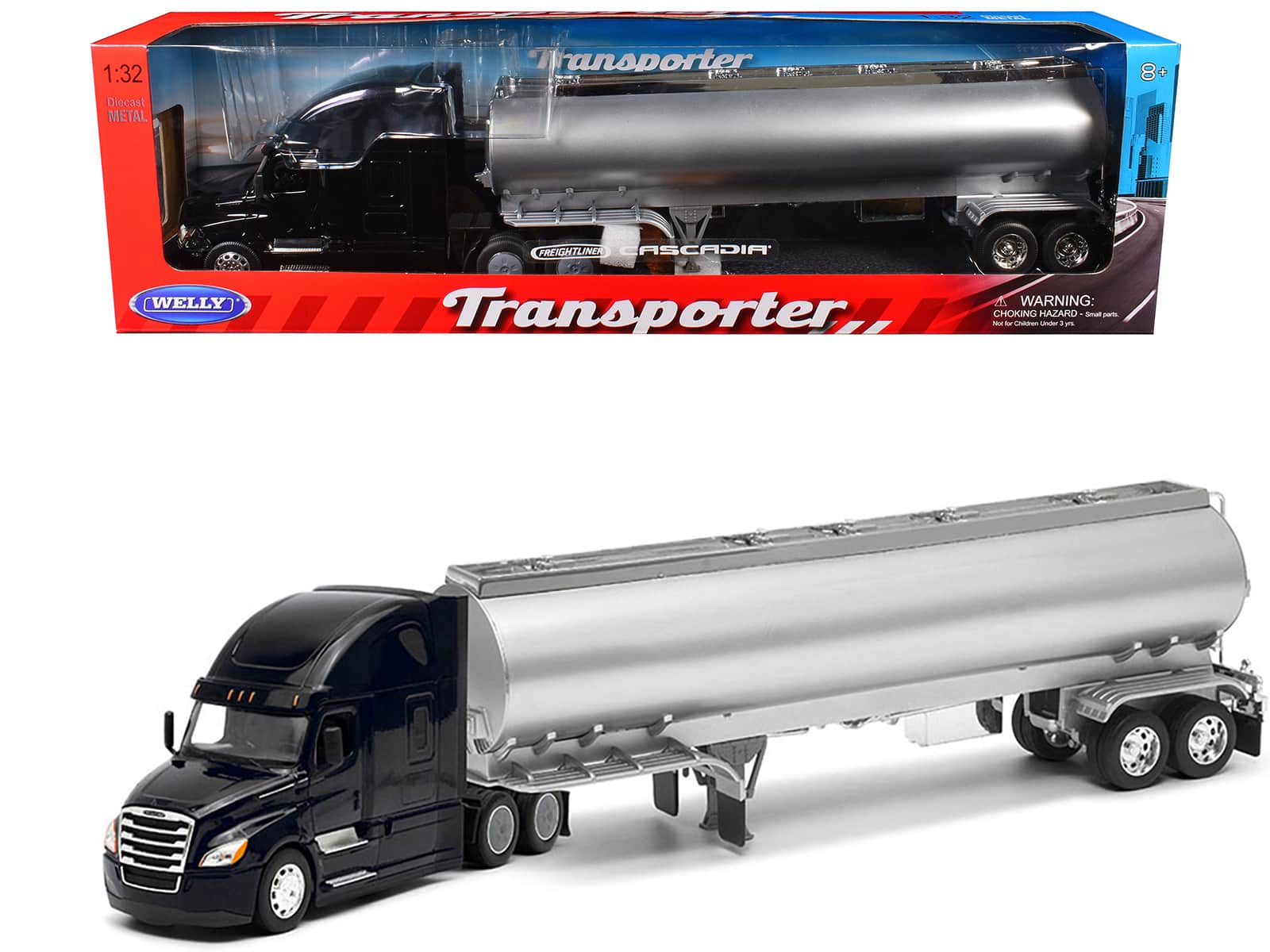 "Freightliner Cascadia Truck Black with Silver Tanker Trailer ""Transporter"" Series 1/32 Diecast Model by Welly" price history on PriceWatchPro