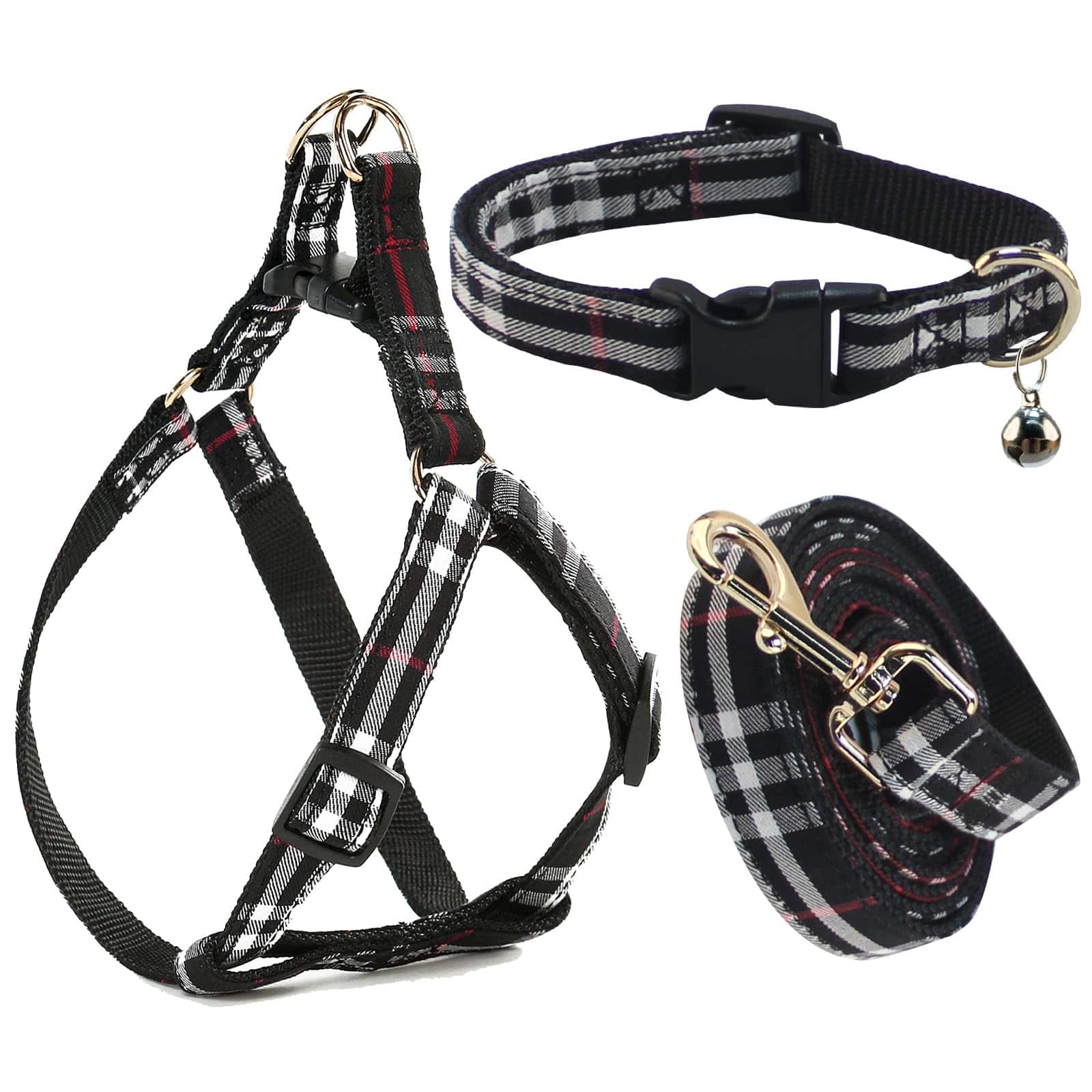 Paradigms Interiors - Cute Plaid Dog Collar Harness And Leash With Safety Buckle - No Pull Comfortable Collars For Puppy Stylish - black-03-L