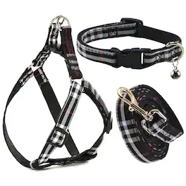 Paradigms Interiors - Cute Plaid Dog Collar Harness And Leash With Safety Buckle - No Pull Comfortable Collars For Puppy Stylish - black-03-L